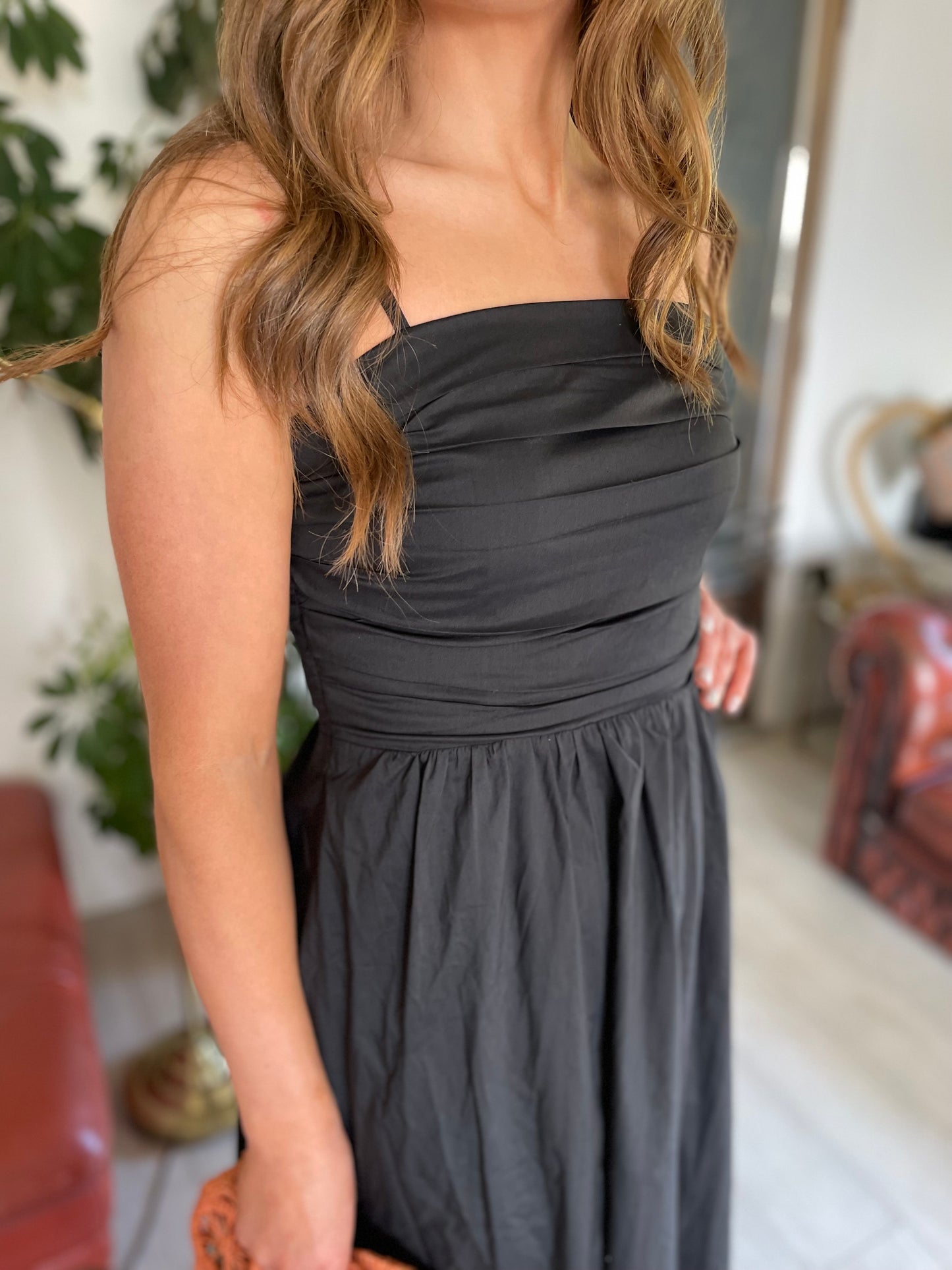 Molly black cotton strappy midi dress