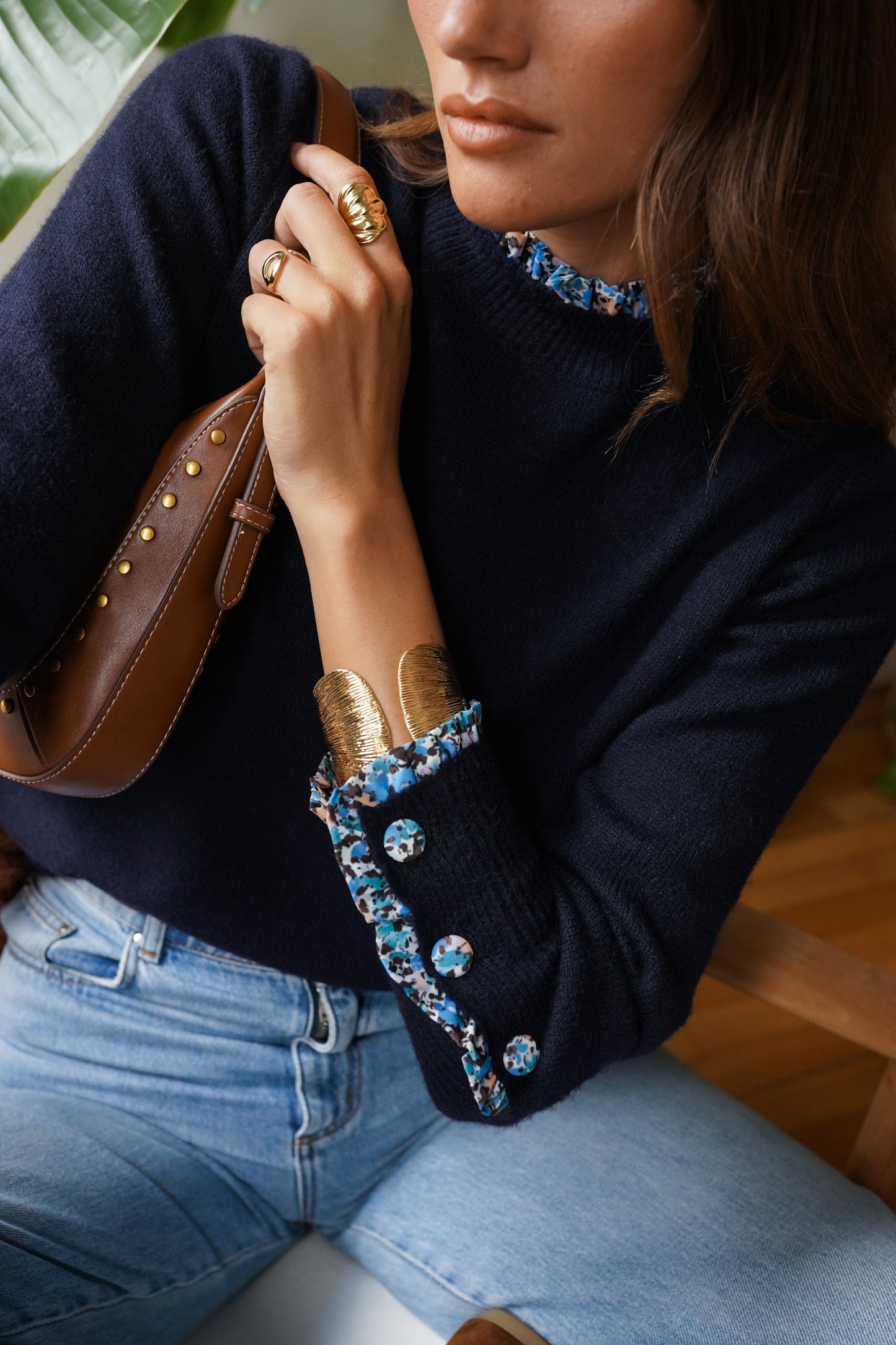 Kim navy jumper with floral trim