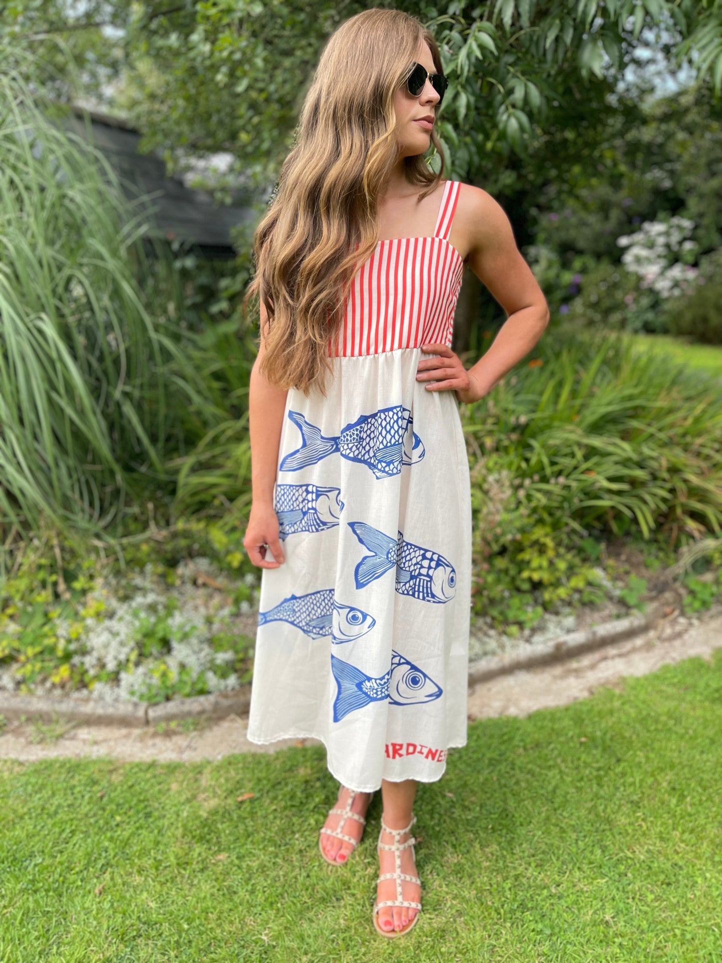Fish pink & blue linen strappy dress