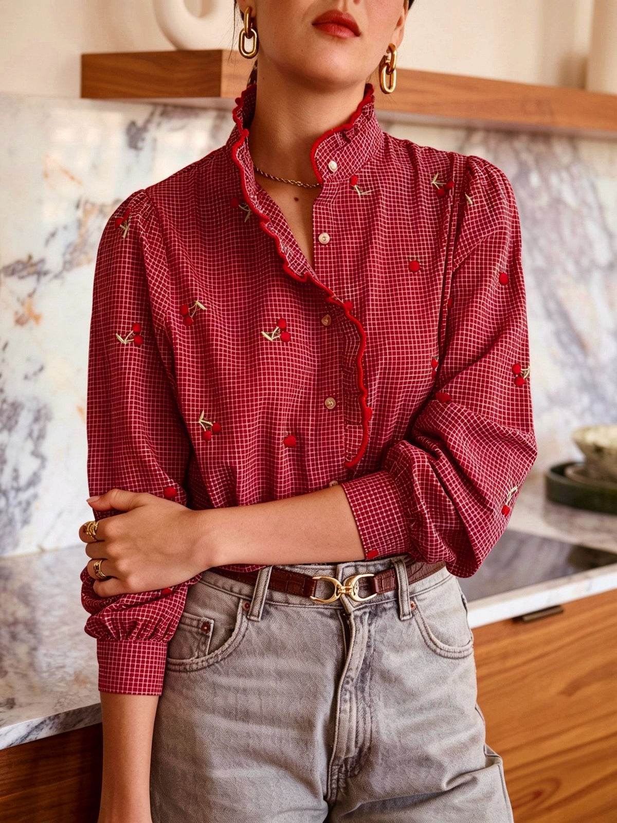 Collette burgundy cherry print blouse