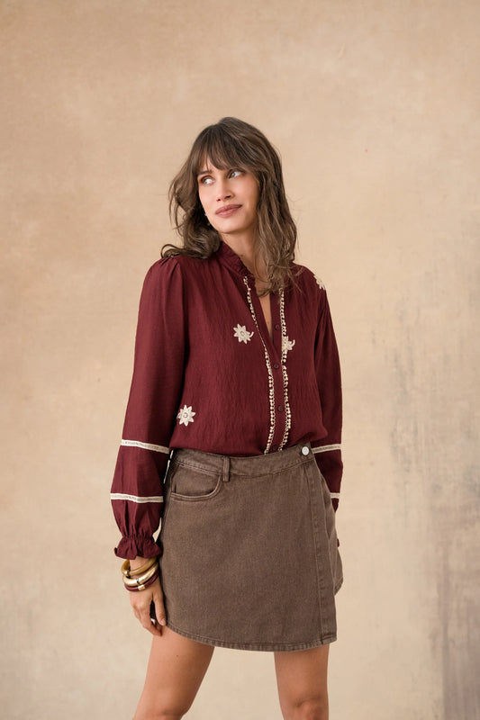 Félicie burgundy embroidered blouse