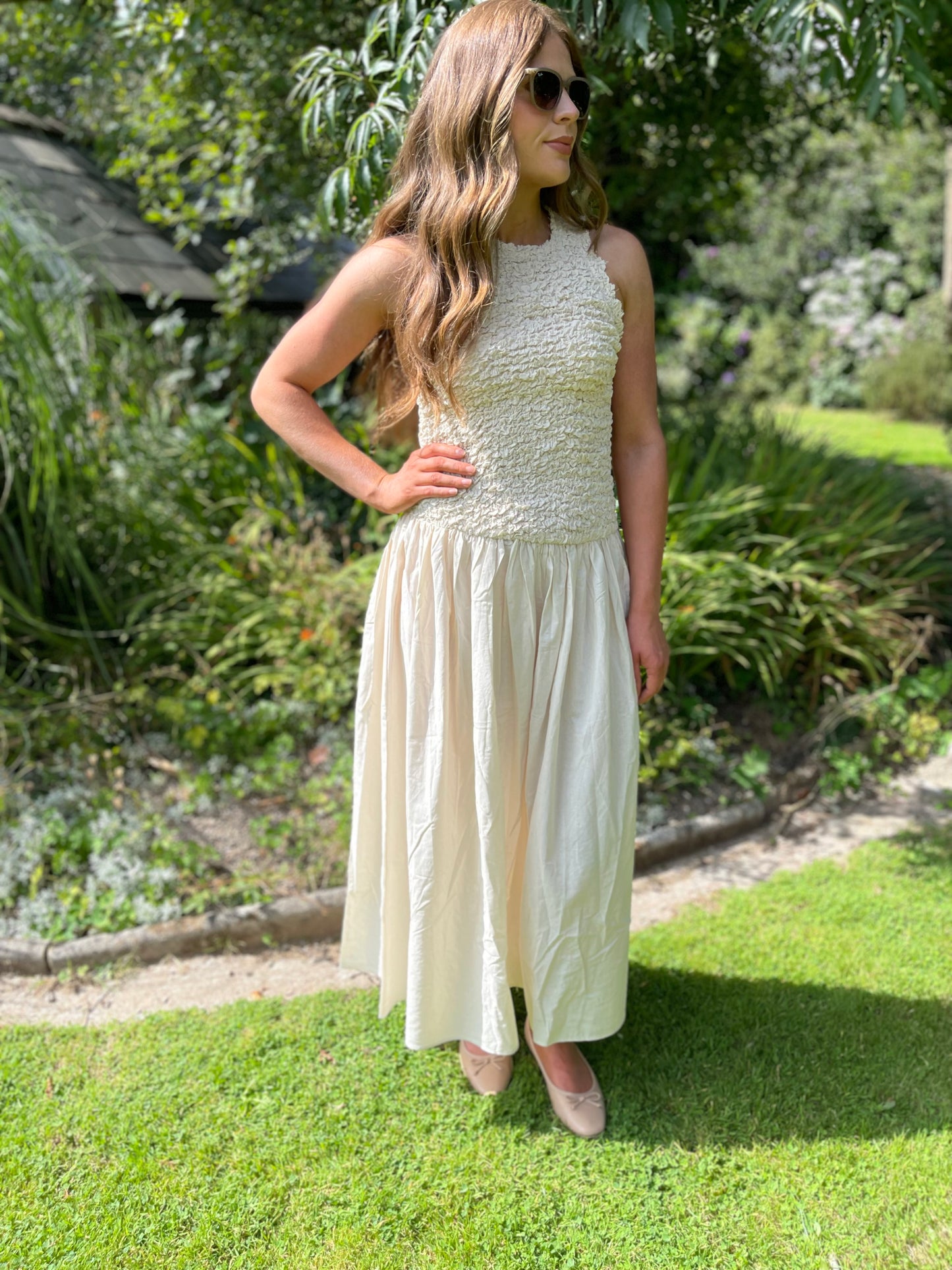 Mila ruched cotton beige dress