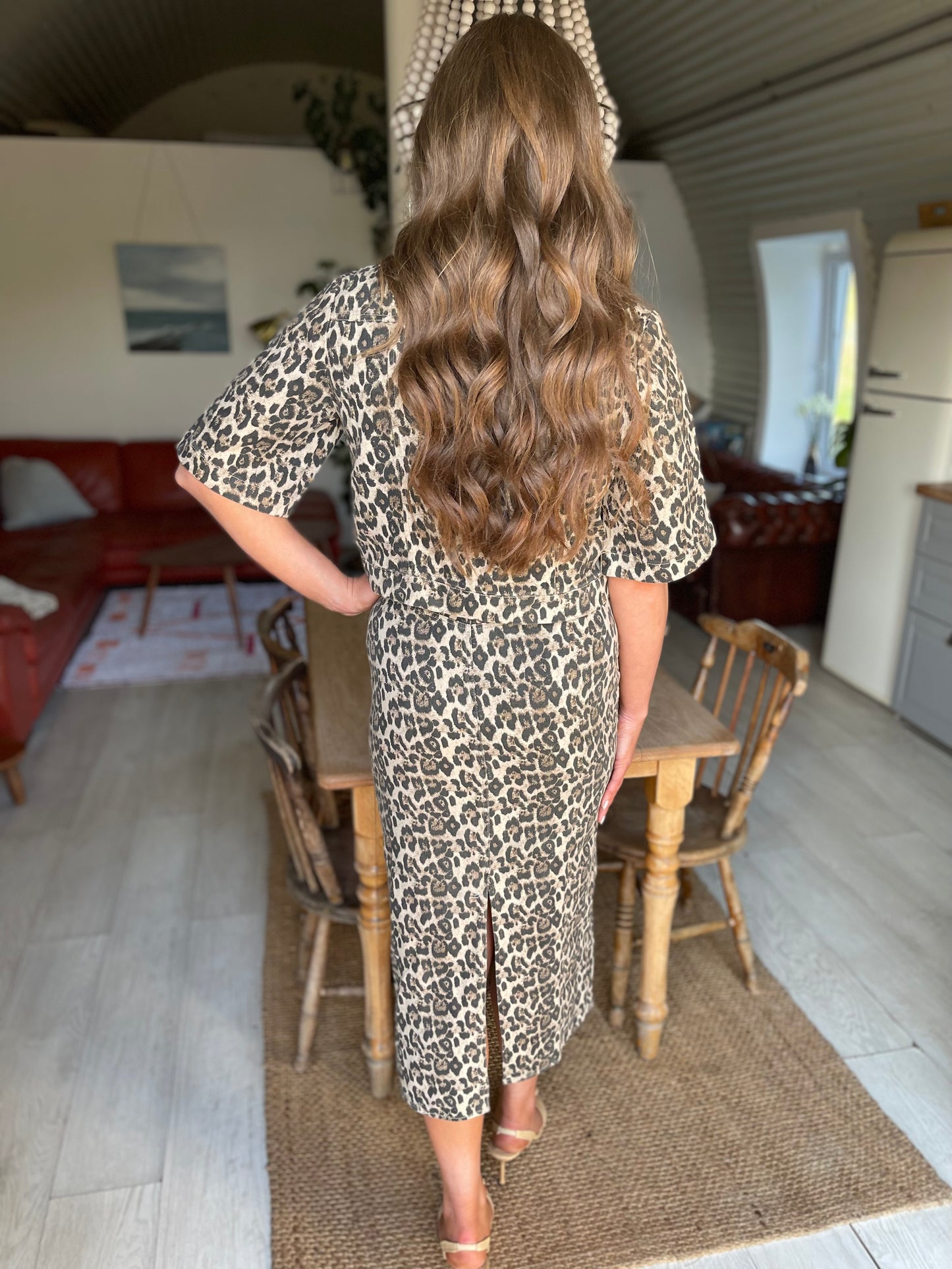 Leopard denim midi skirt