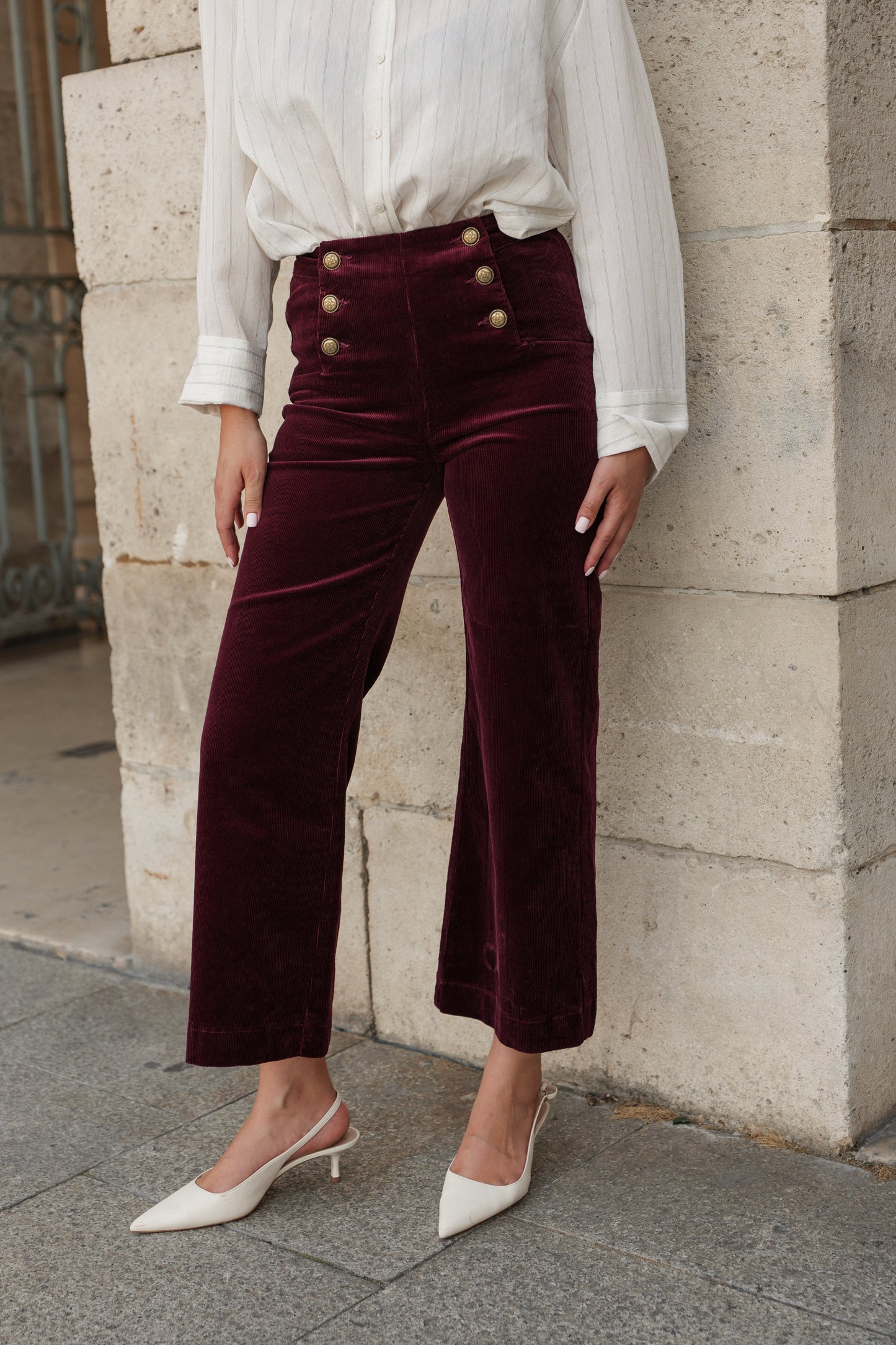 Victo Wide leg burgundy cords with gold front buttons
