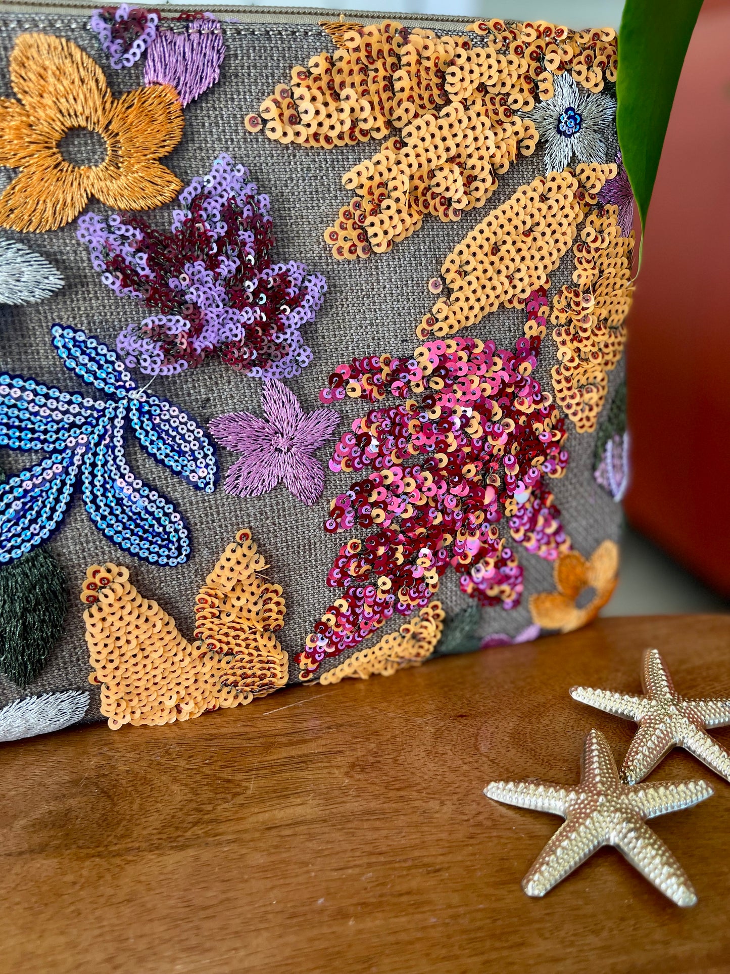 Blazing sun sequin floral clutch bag pouch