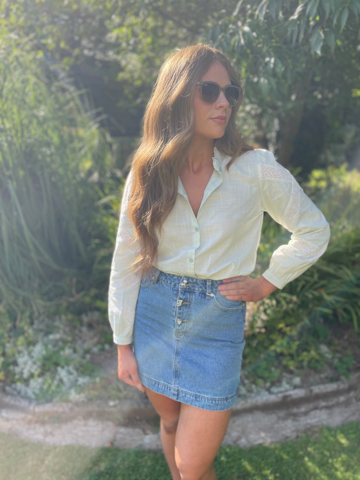 Mint linen embroidered lace blouse