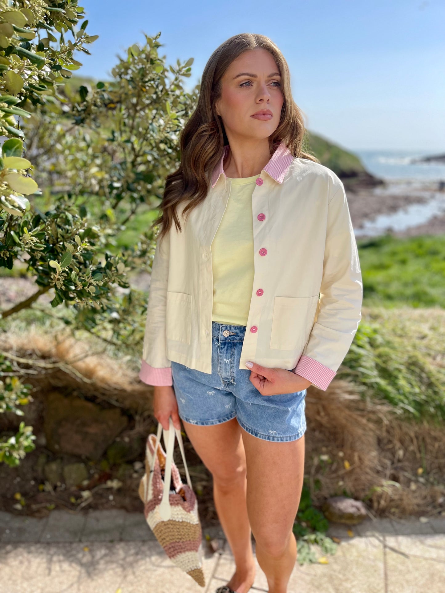 Alice ecru barn jacket with pink gingham