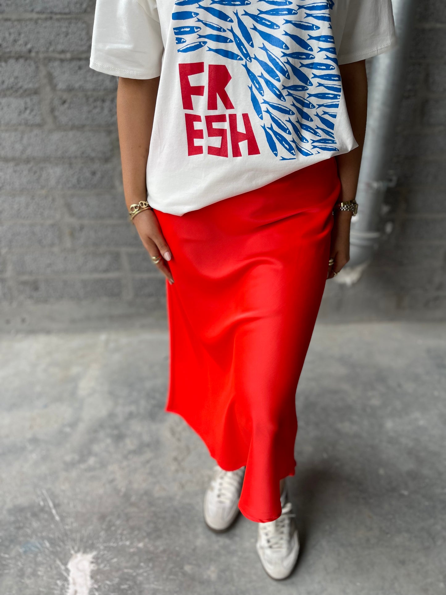 YASPELLA midi satin orange red slip skirt
