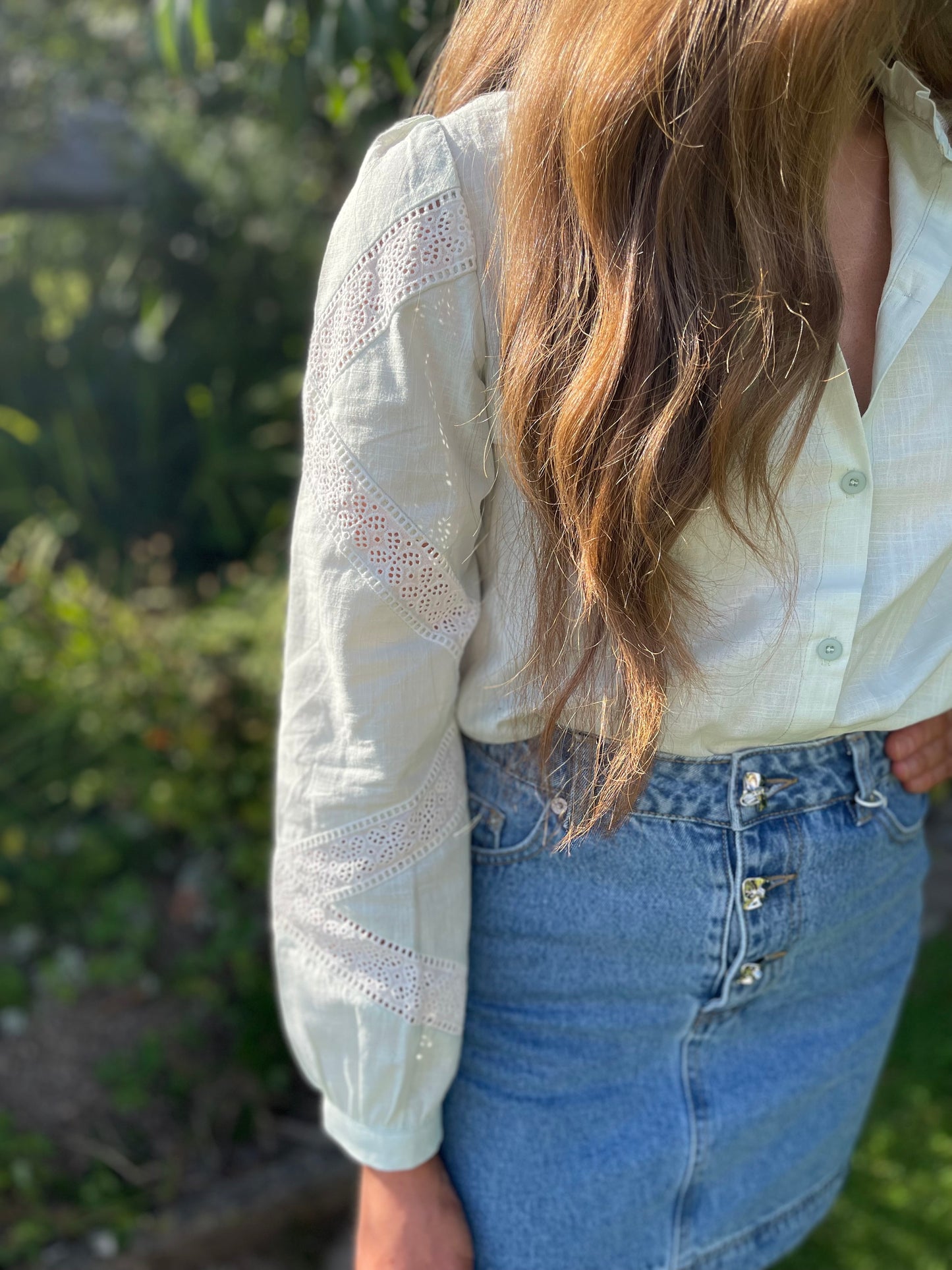 Mint linen embroidered lace blouse