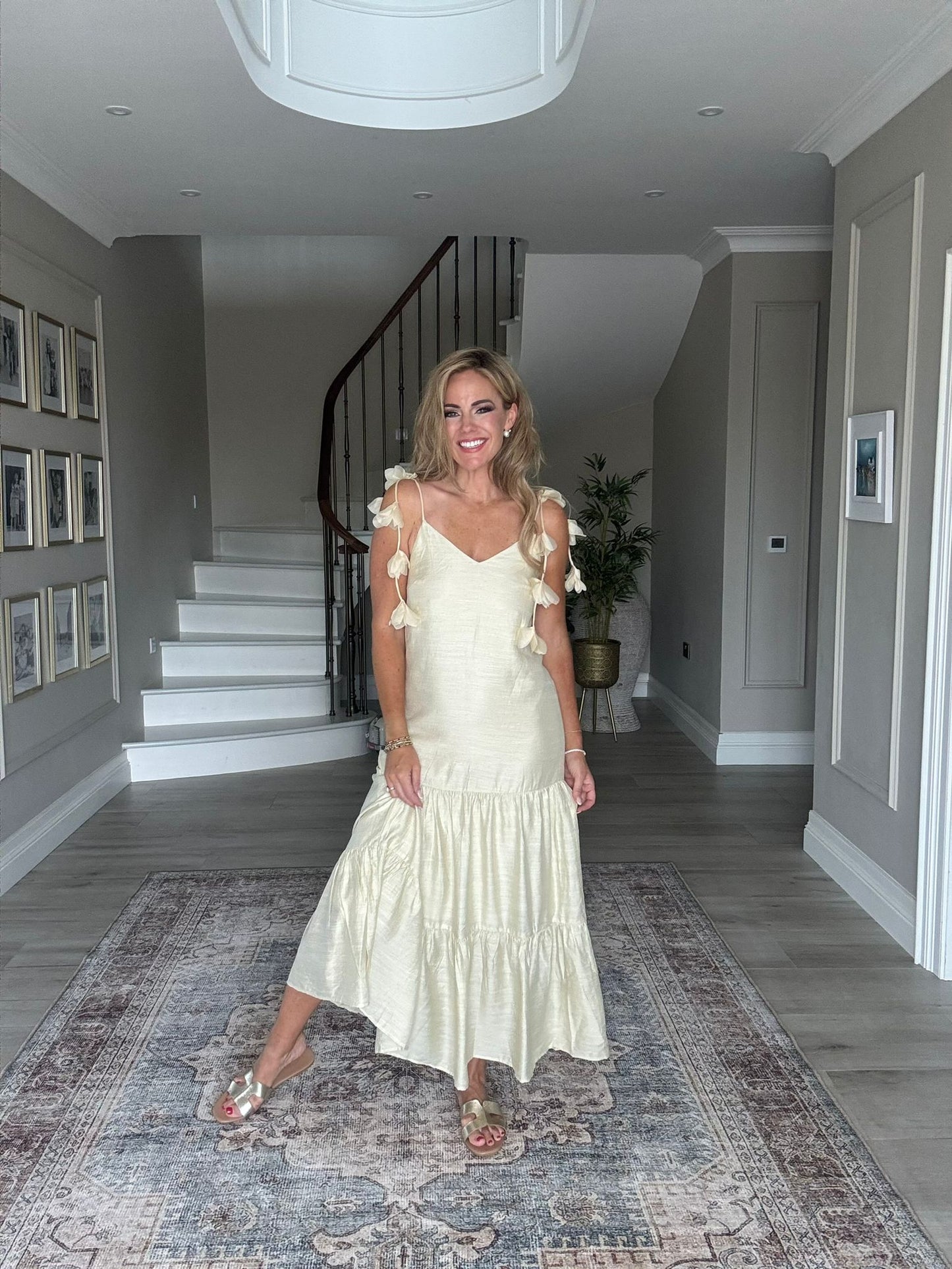 Ella butter yellow decorative floral strap dress