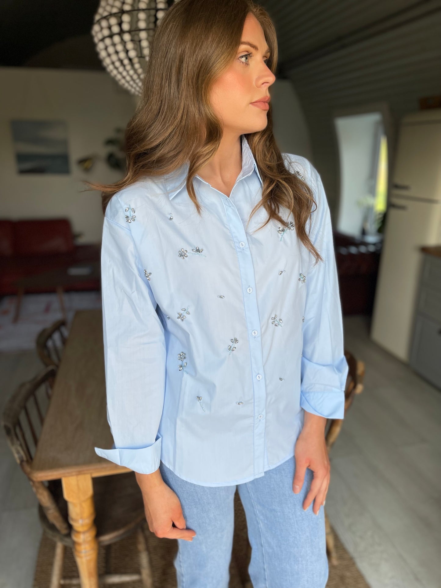 Pippa blue cotton embellished shirt
