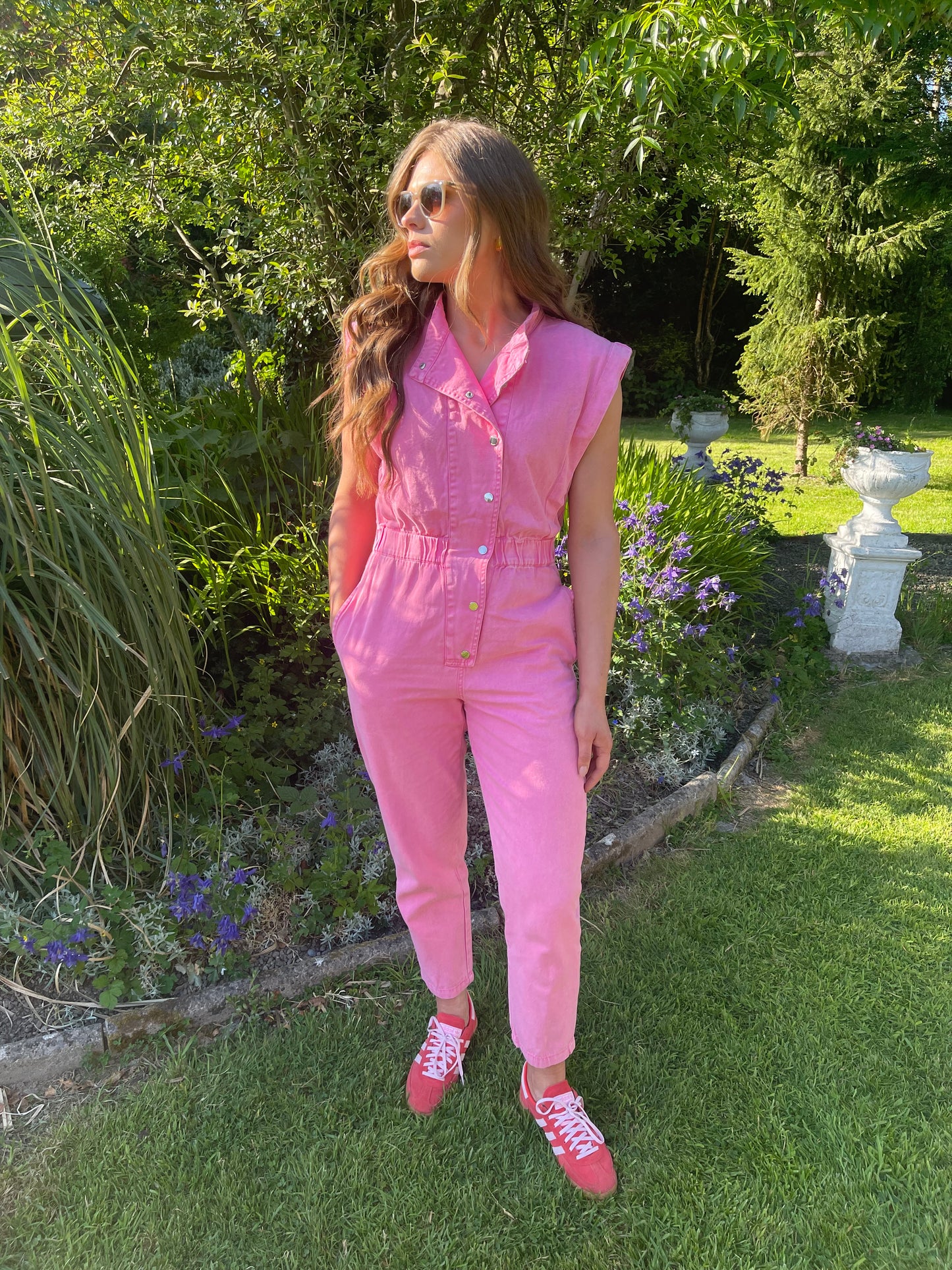 Evie short sleeve candy pink denim jumpsuit
