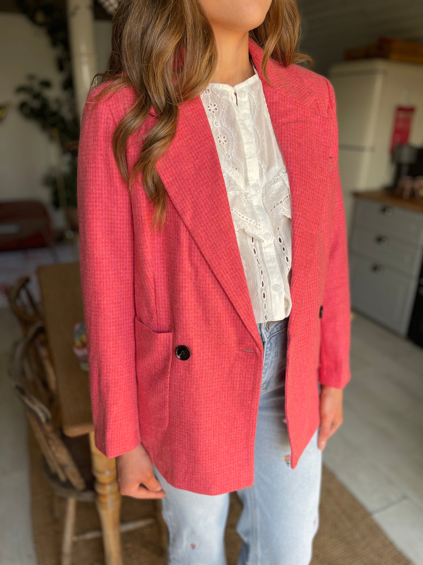 Houndstooth wool pink and orange blazer