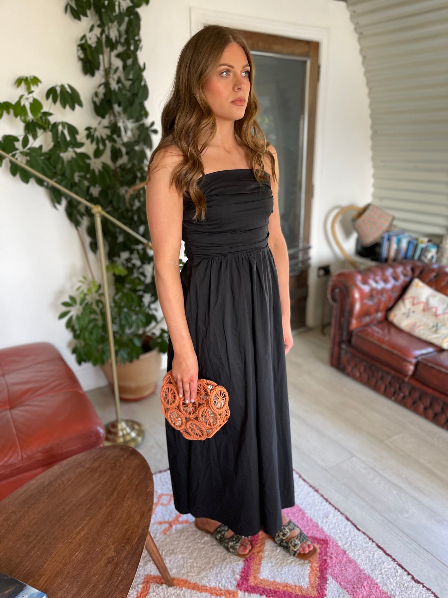 Molly black cotton strappy midi dress