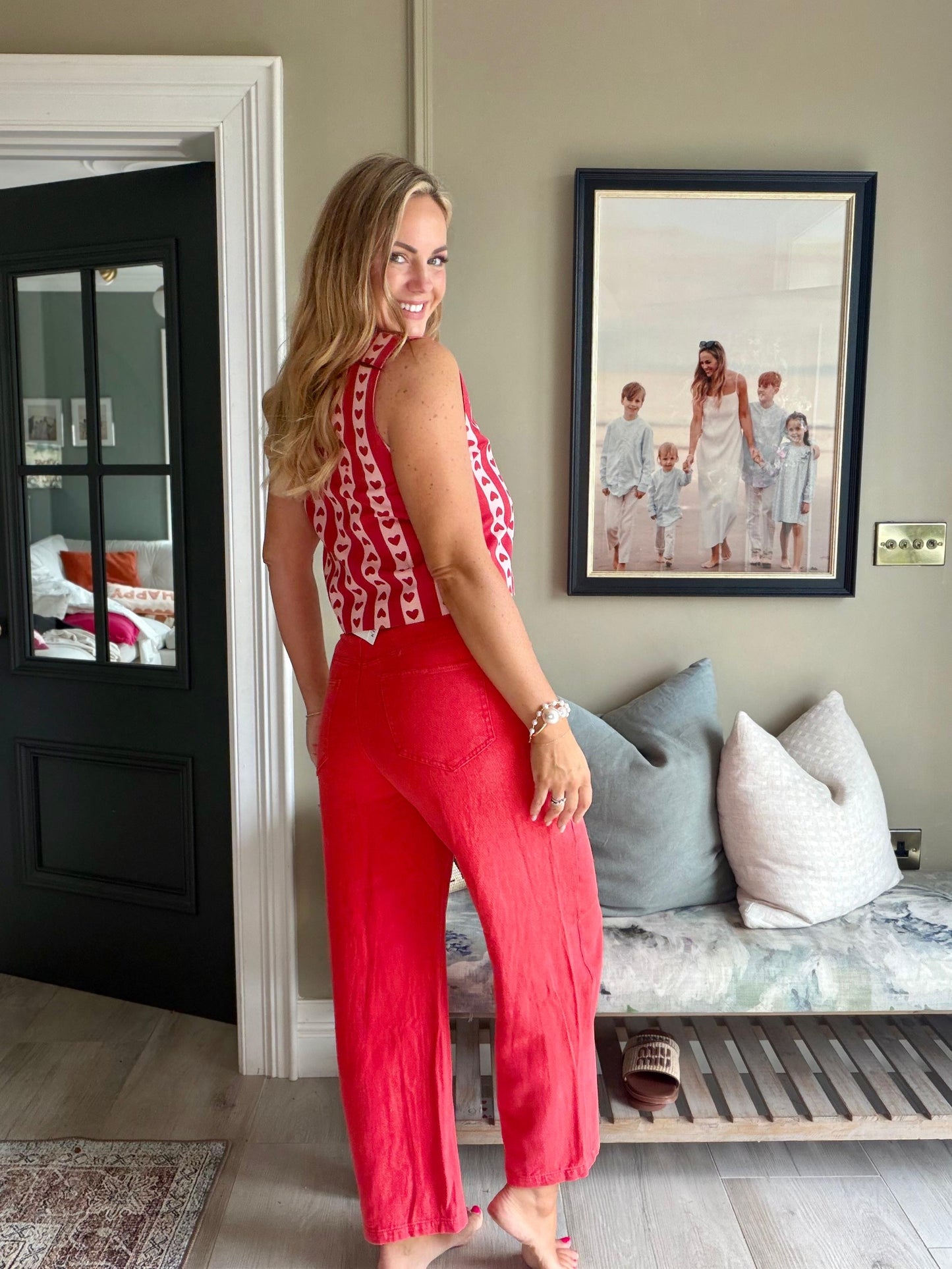 Maggie pink heart print red denim top