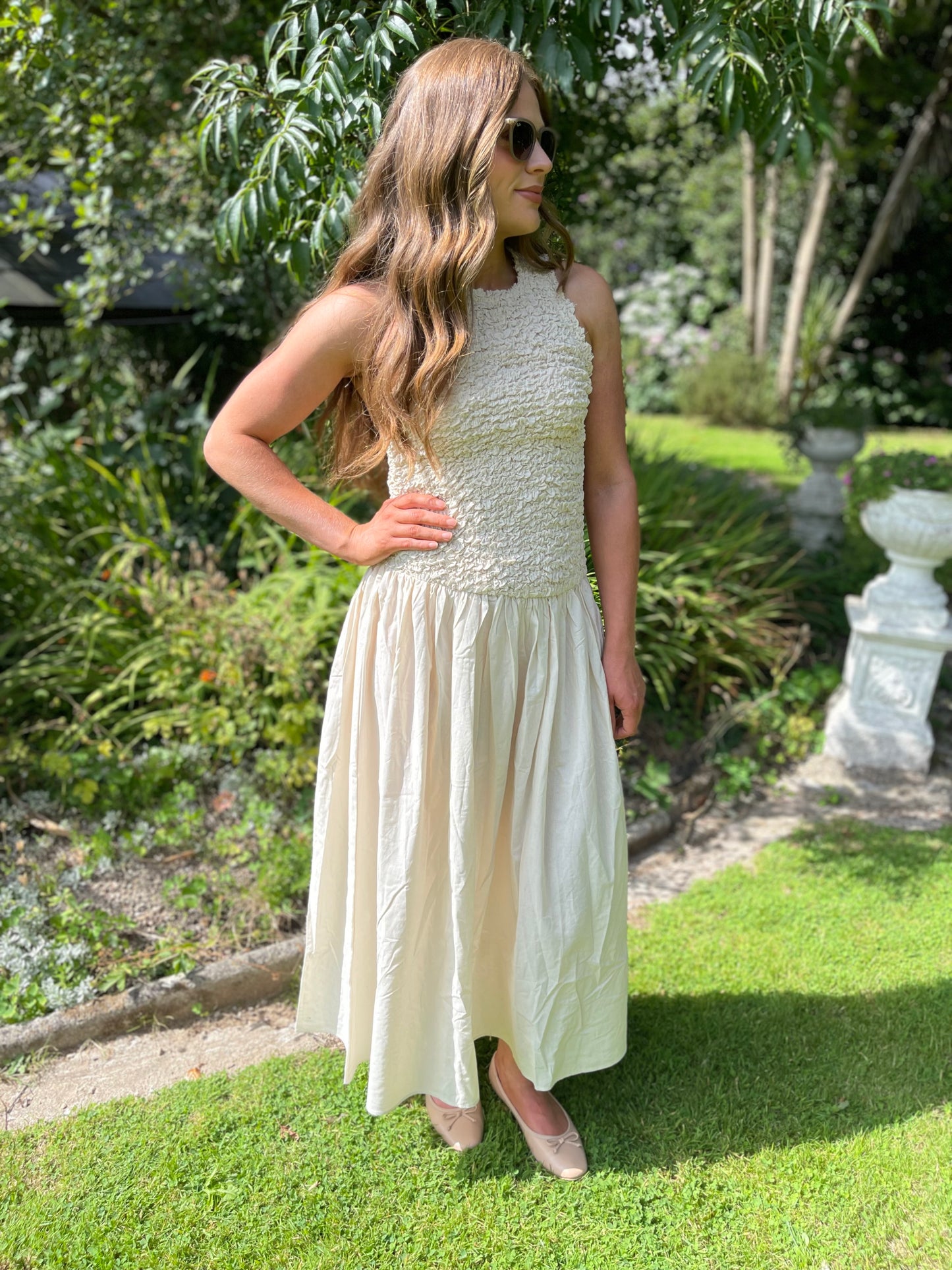 Mila ruched cotton beige dress