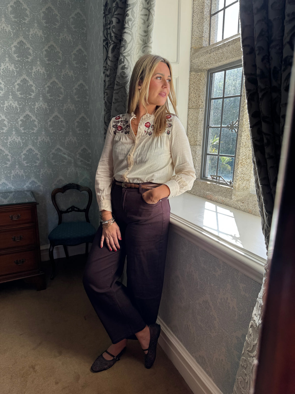 Alex floral trim beige cotton blouse