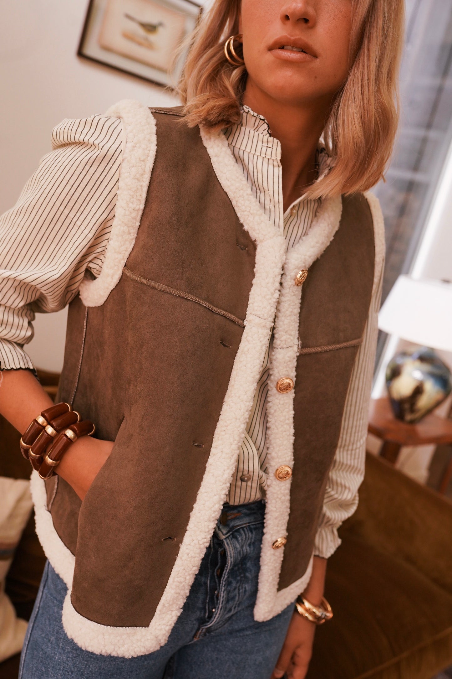 Dotty shearling trim gold button gilet