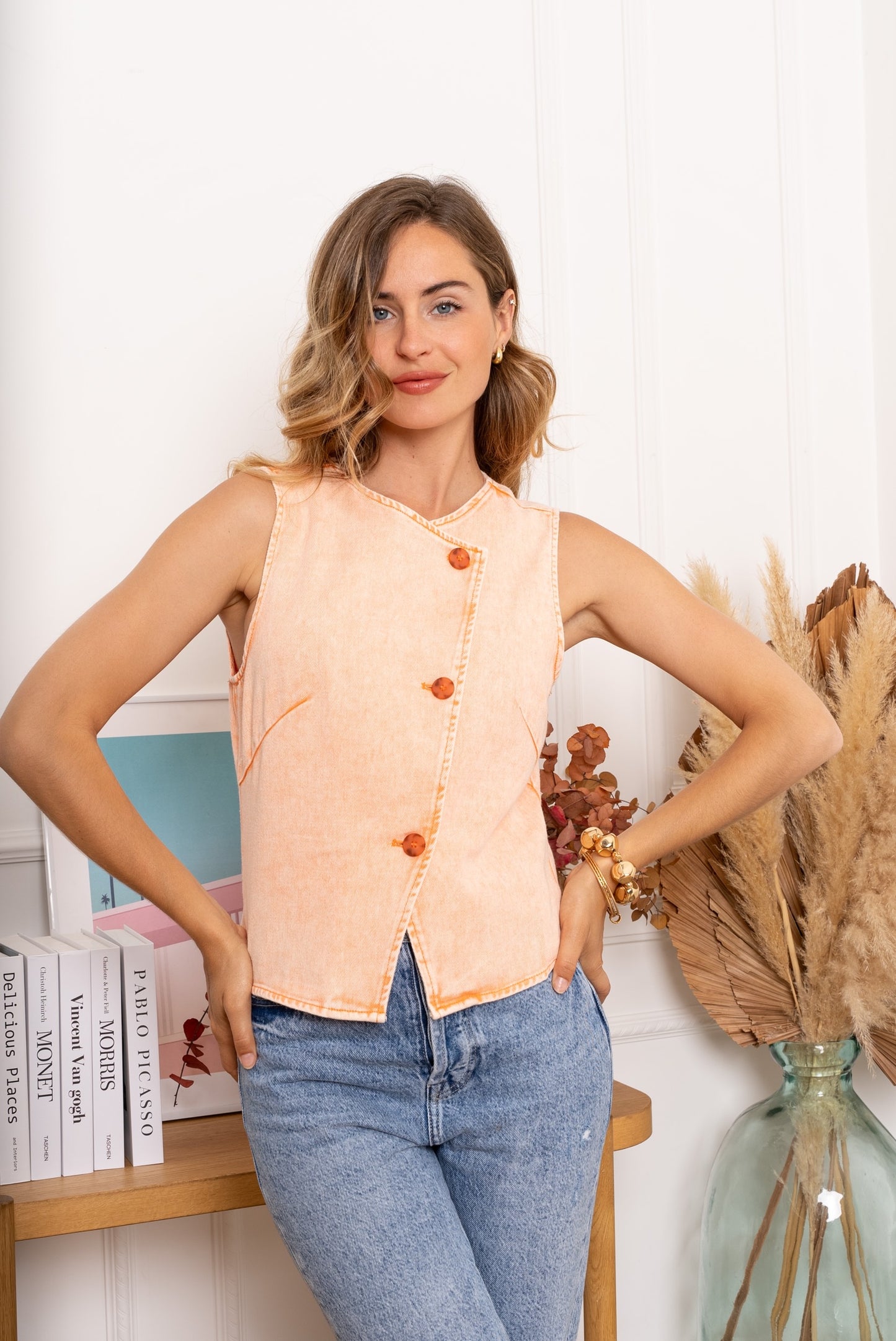 Cara orange denim waistcoat