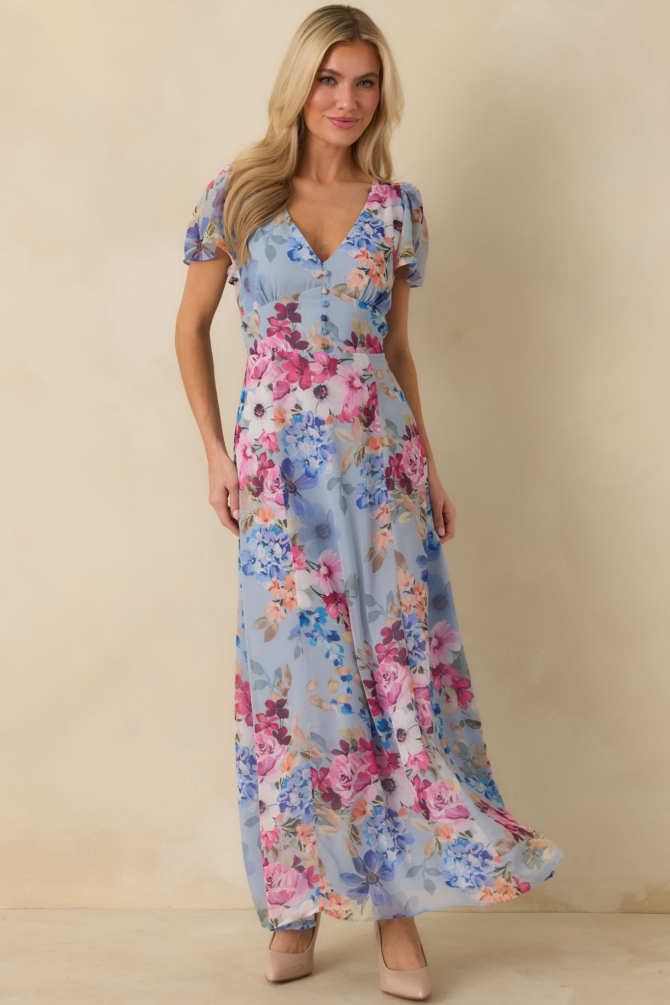 Delicate blues v neck occasion dress