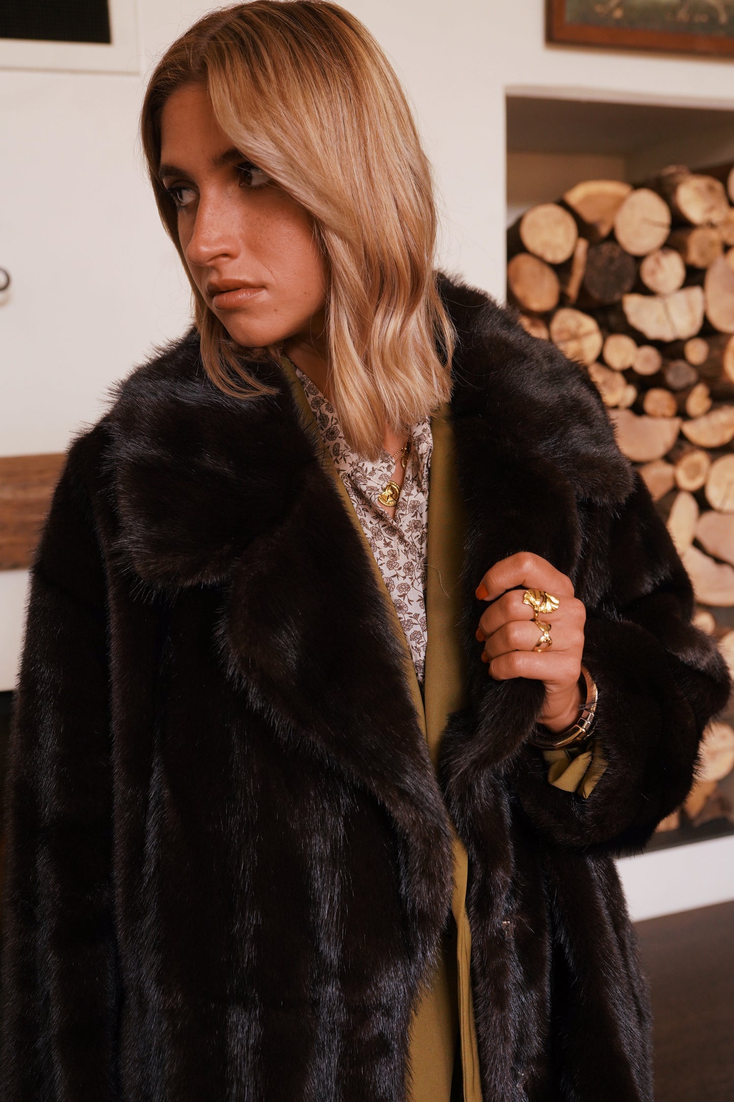 Eliza maroon brown faux fur coat