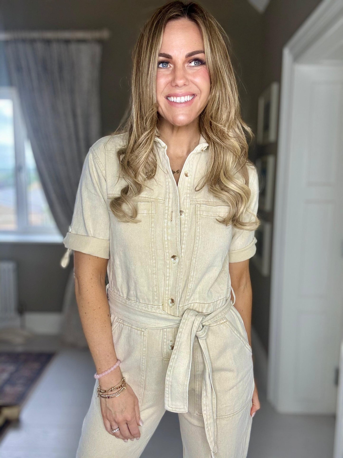 Charlie beige wash denim jumpsuit