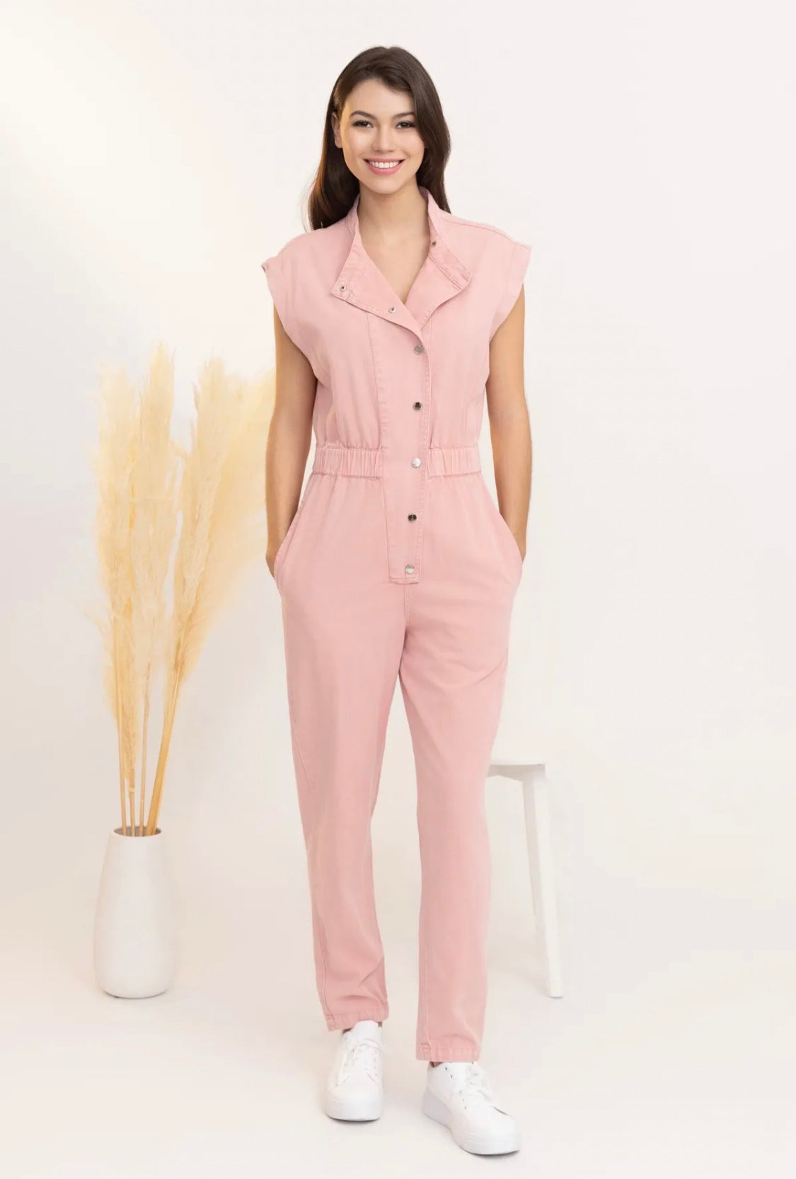 Evie short sleeve washed pink jumpsuit