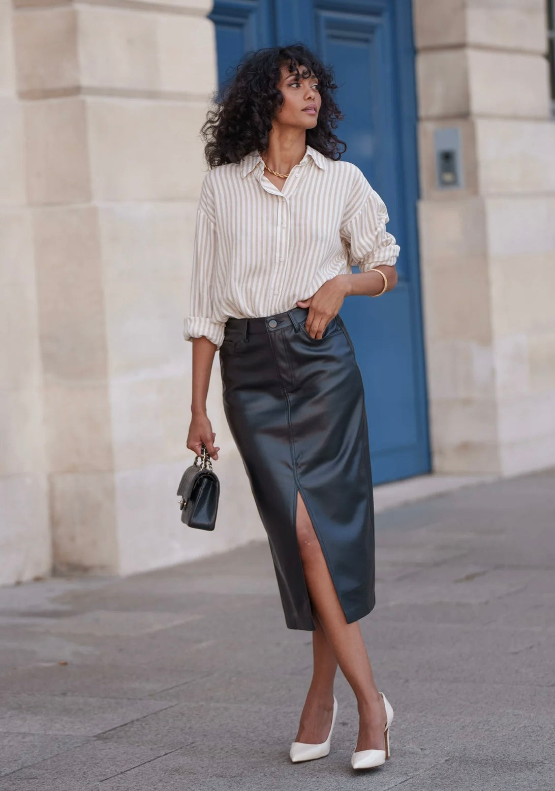 Black Mid-length leather skirt with slit