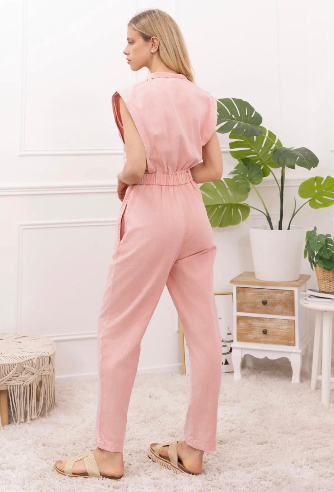 Evie short sleeve washed pink jumpsuit