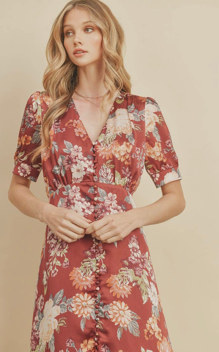 Primrose Button Front Burgundy Midi Dress