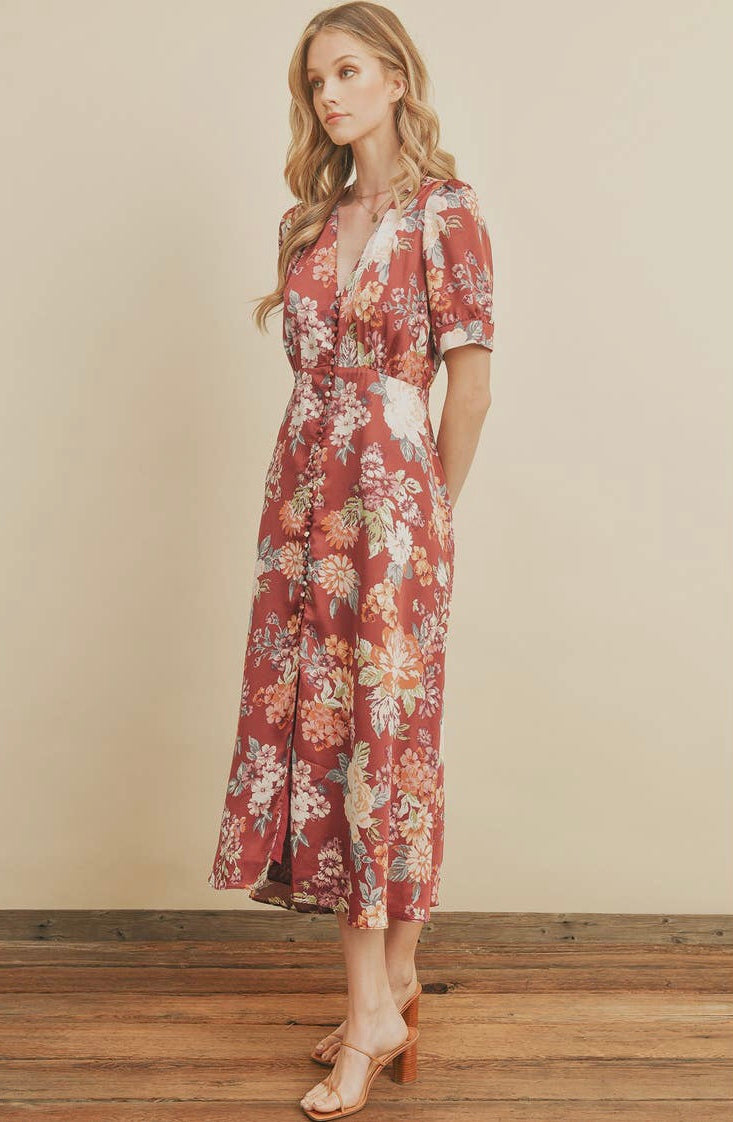 Primrose Button Front Burgundy Midi Dress