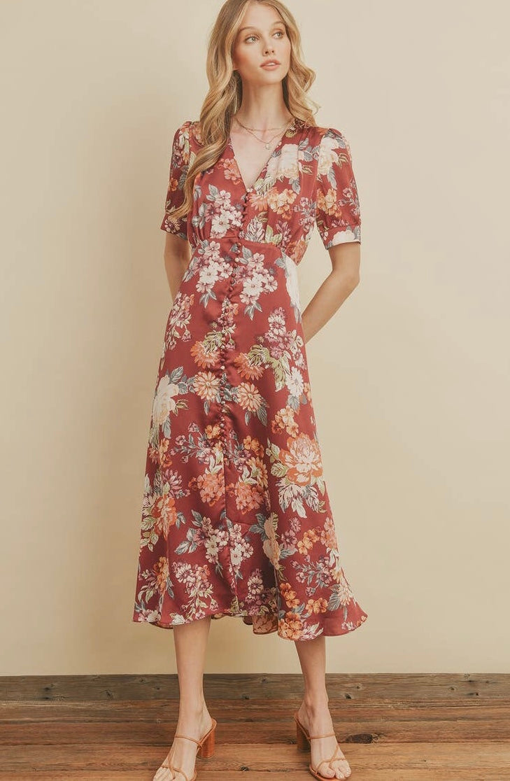 Primrose Button Front Burgundy Midi Dress