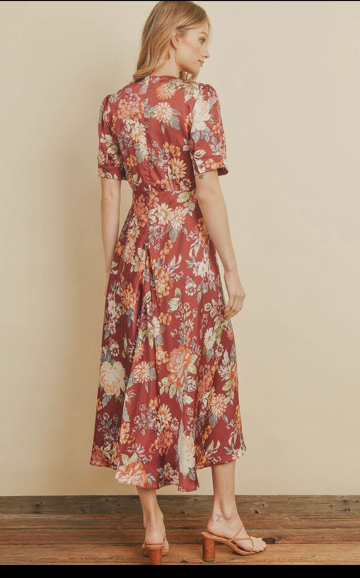 Primrose Button Front Burgundy Midi Dress