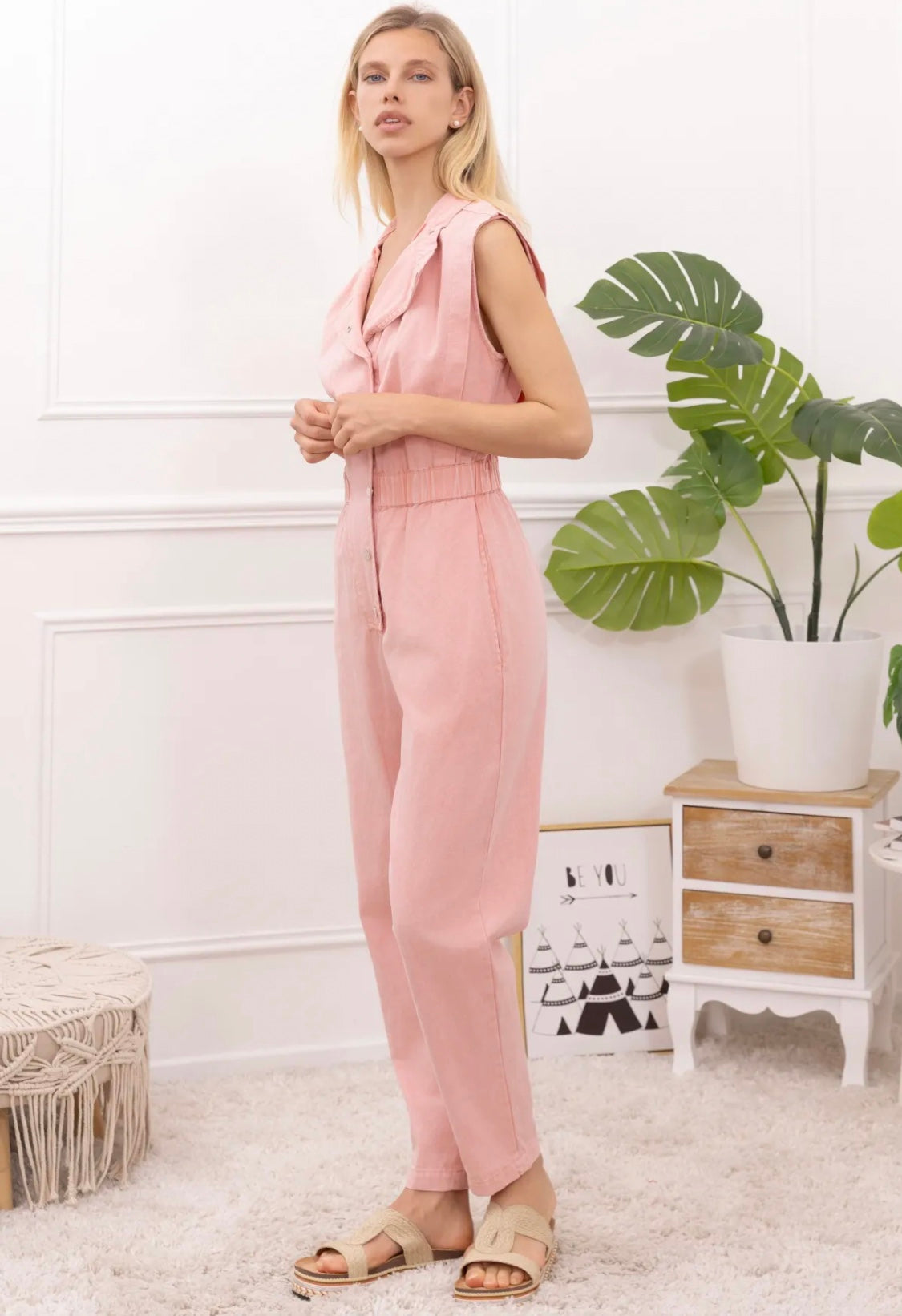 Evie short sleeve washed pink jumpsuit