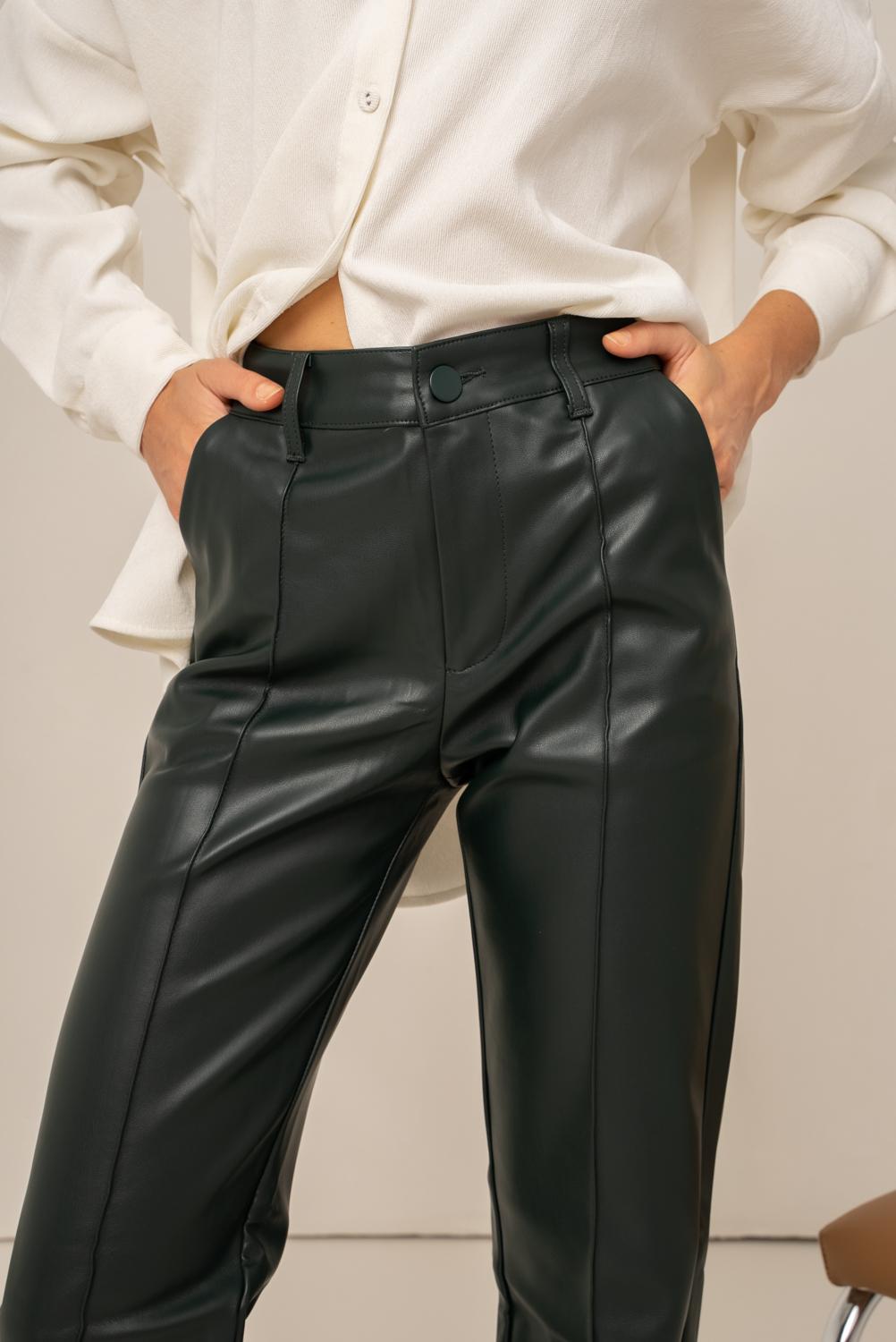 Dark green leather wide leg trousers