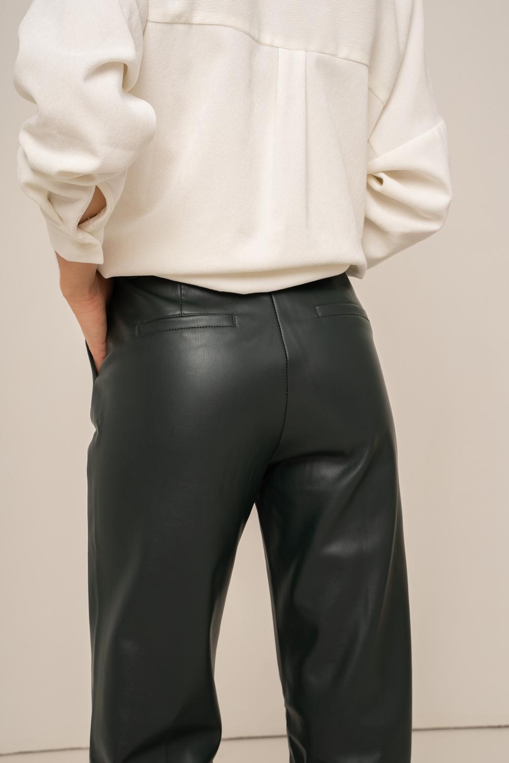 Dark green leather wide leg trousers