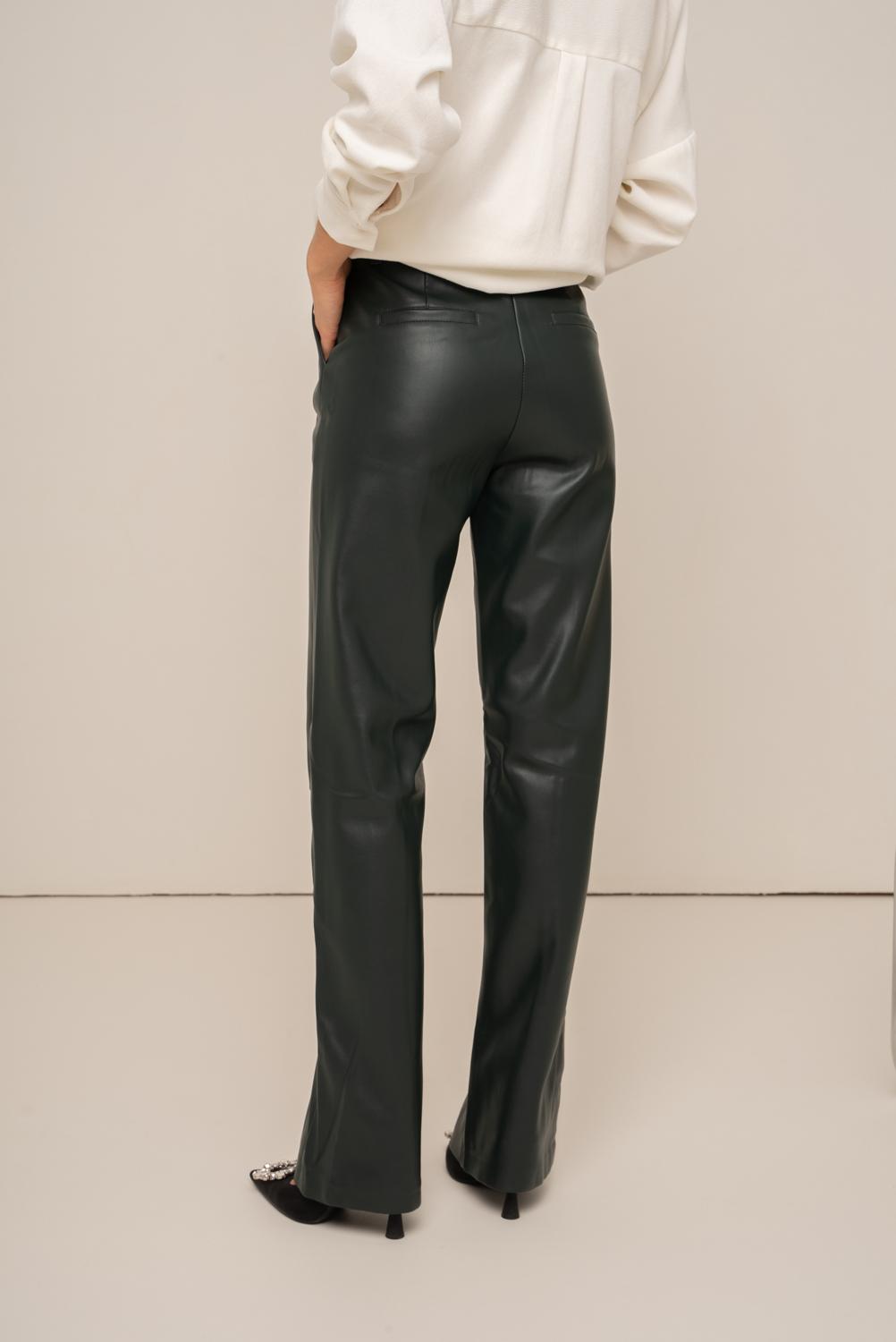 Dark green leather wide leg trousers