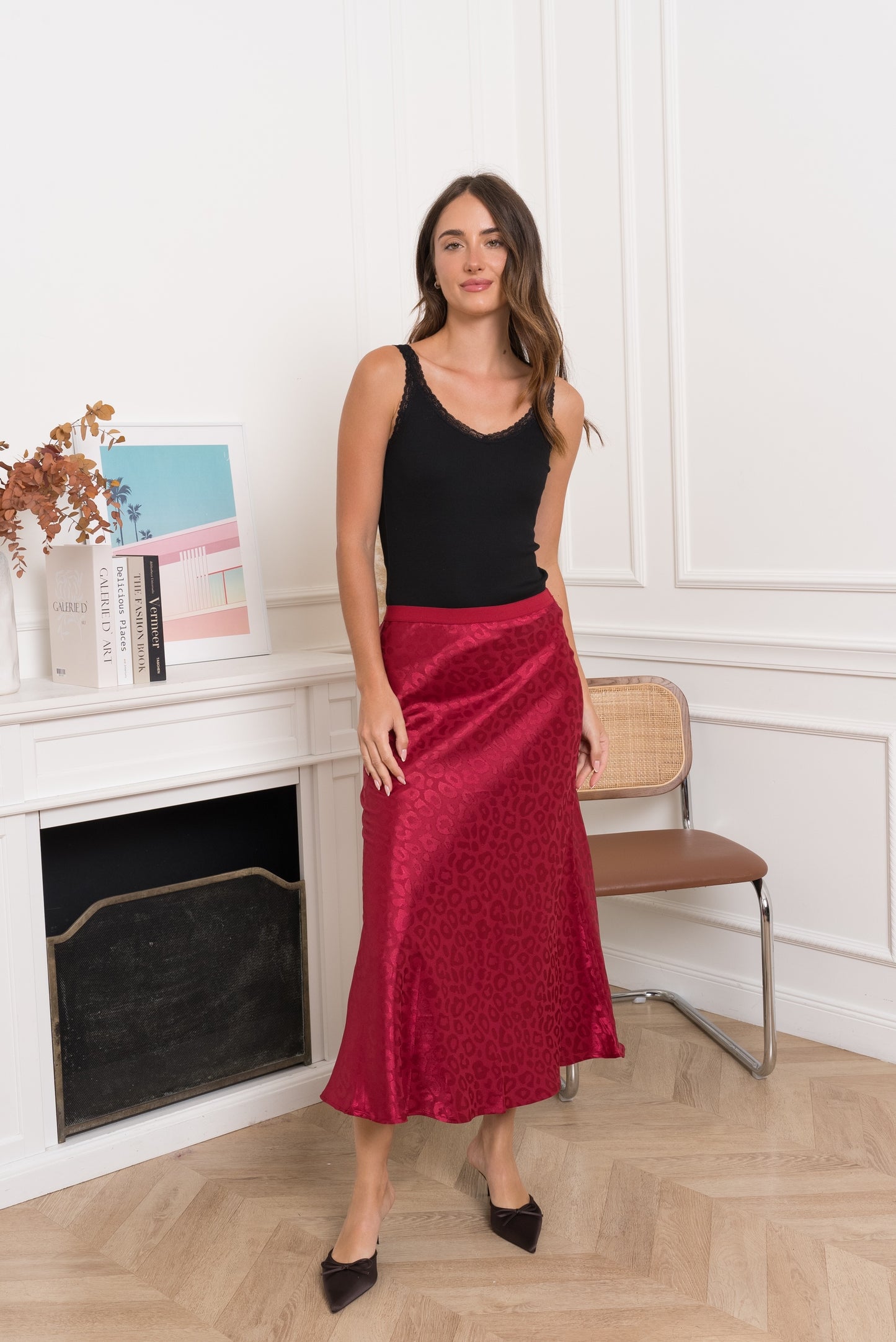 Burgundy leopard satin slip skirt
