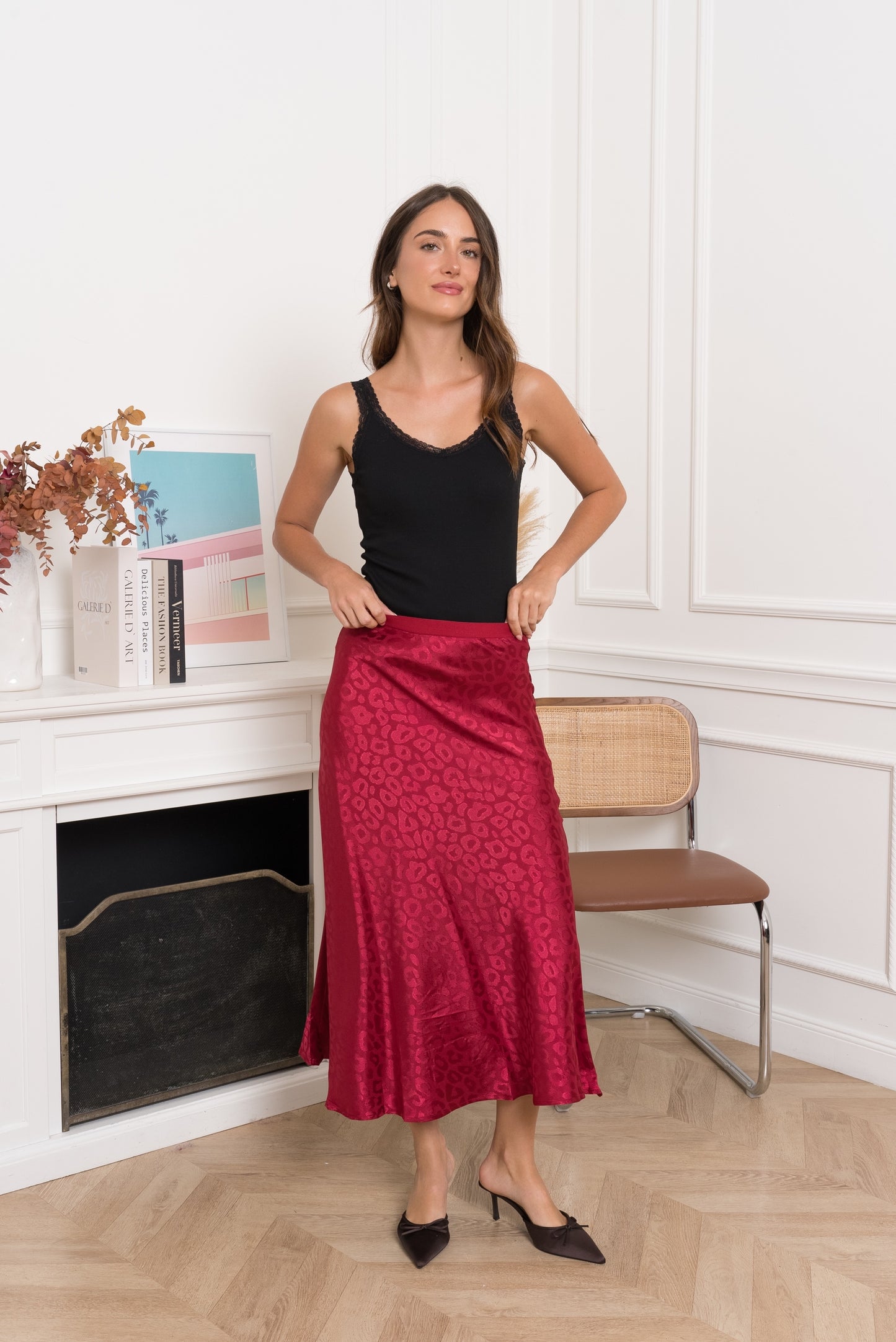 Burgundy leopard satin slip skirt