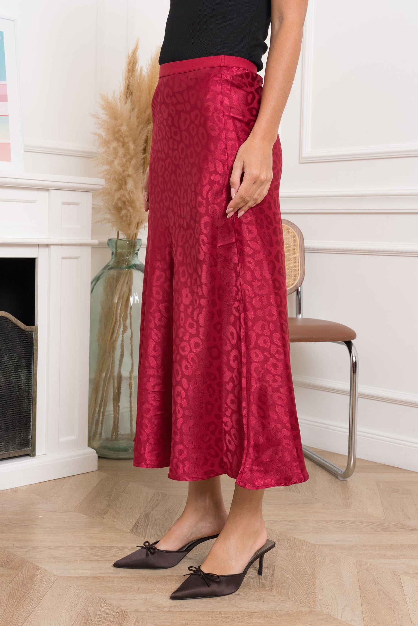 Burgundy leopard satin slip skirt