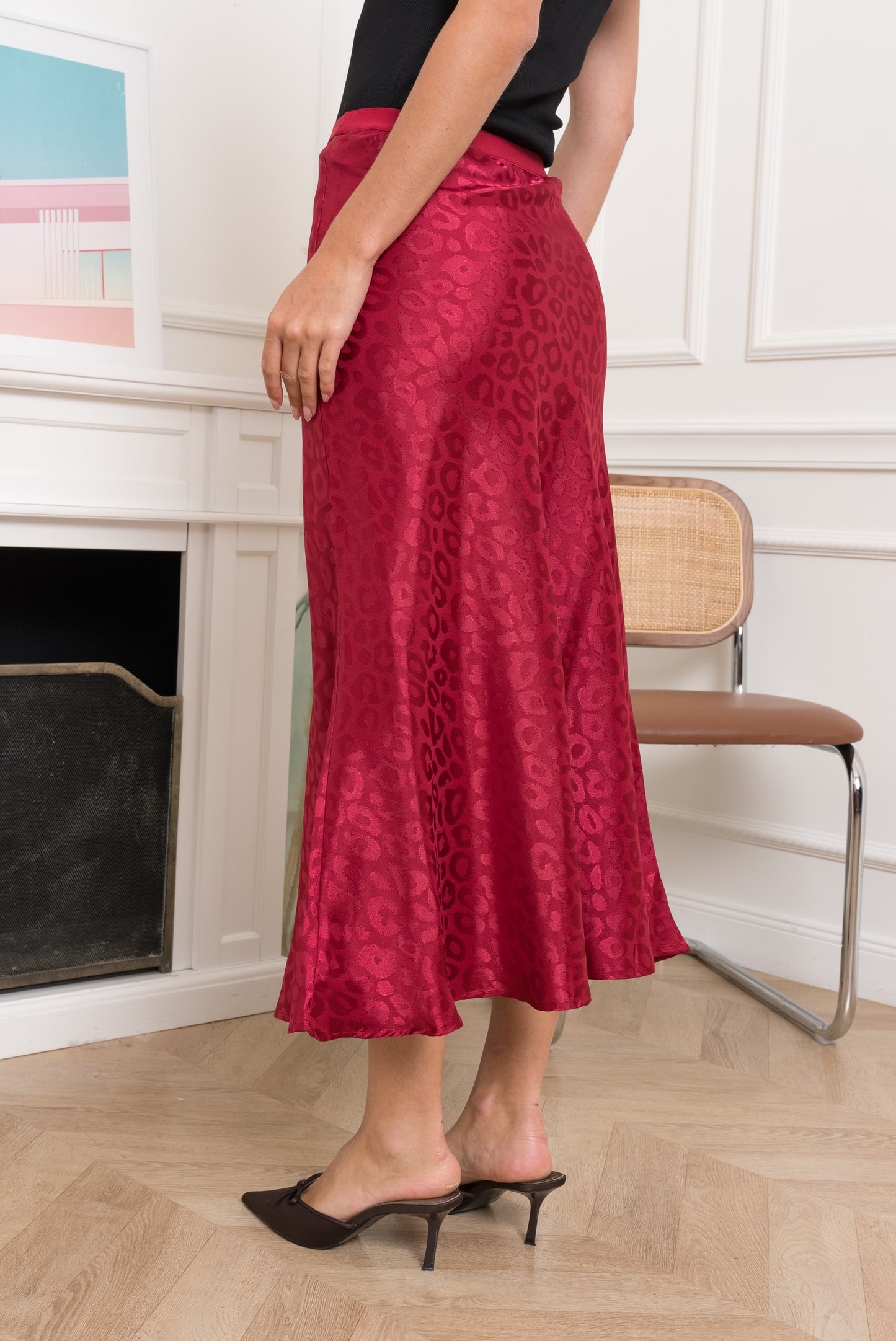 Burgundy leopard satin slip skirt