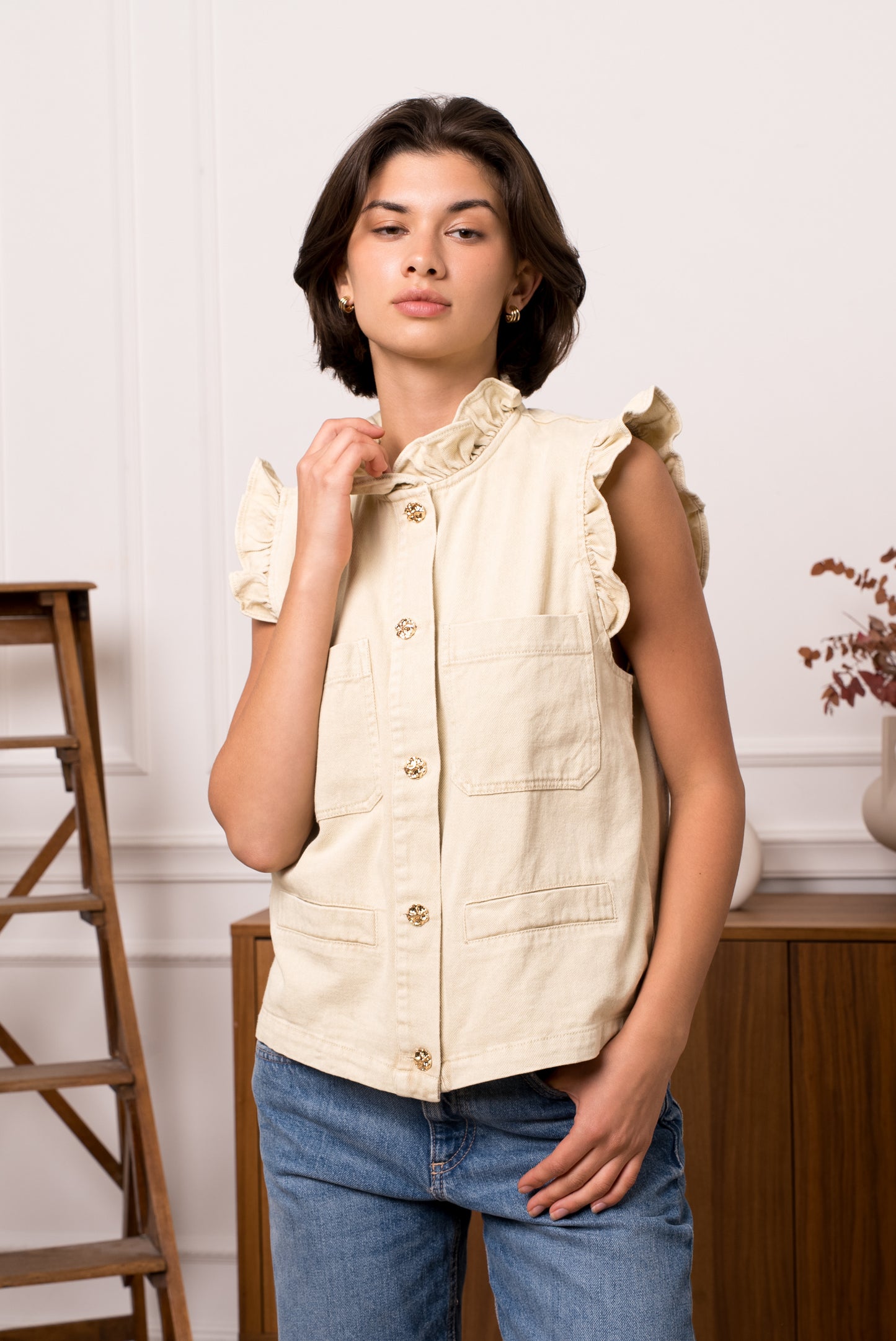 Molly ecru denim frill sleeveless jacket