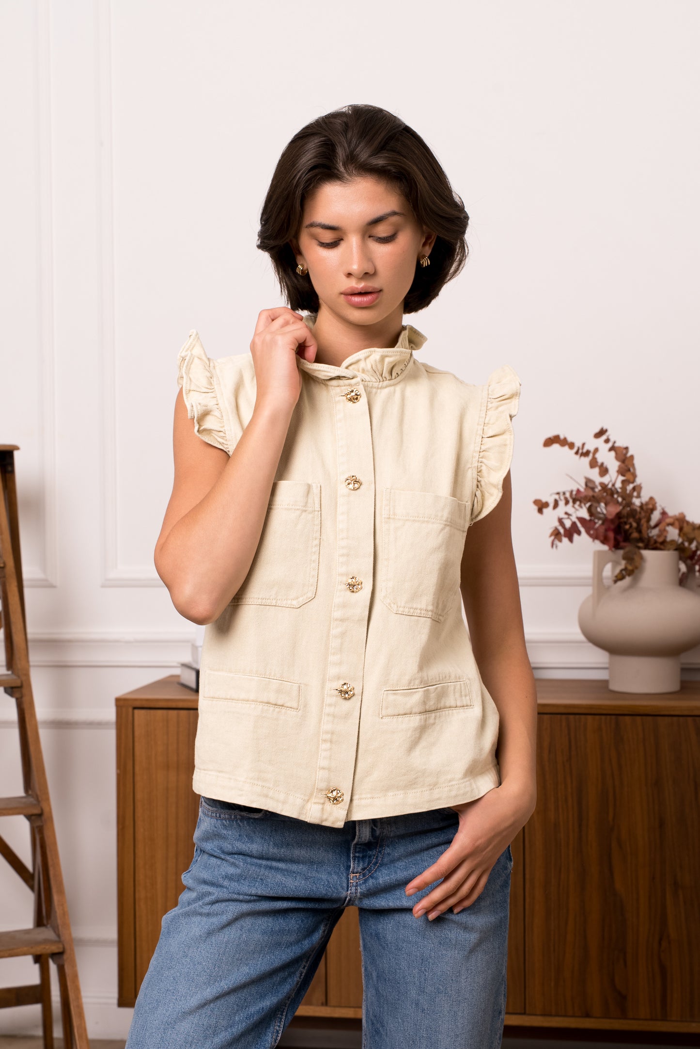 Molly ecru denim frill sleeveless jacket
