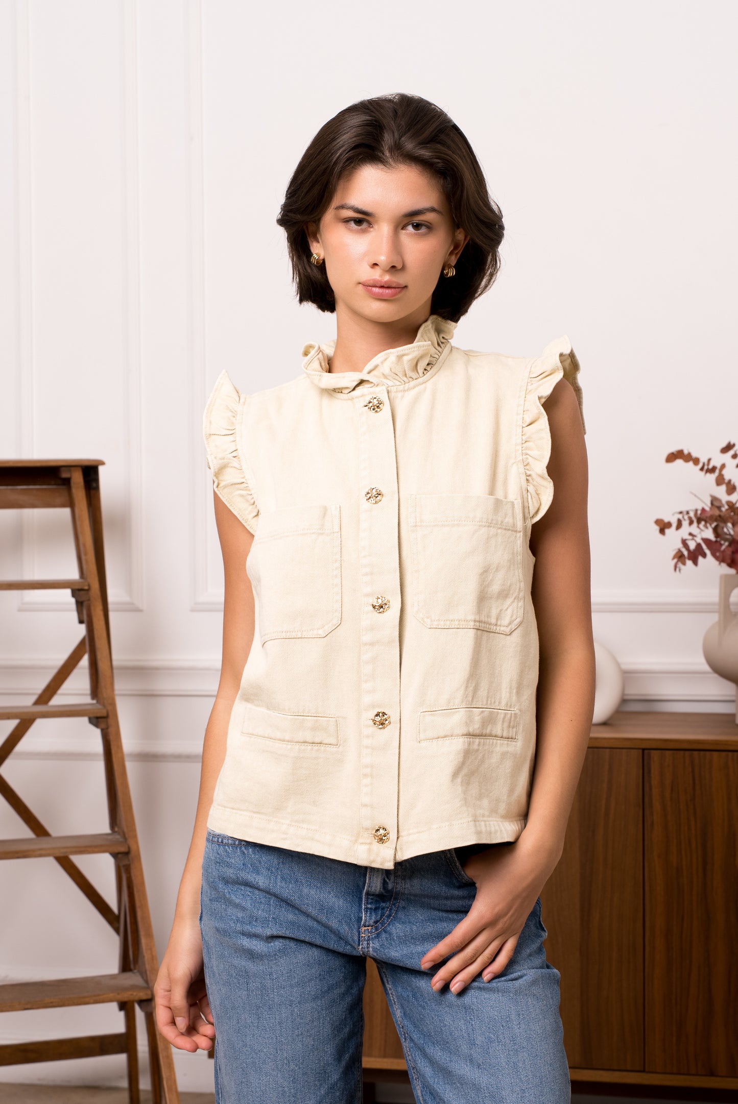 Molly ecru denim frill sleeveless jacket