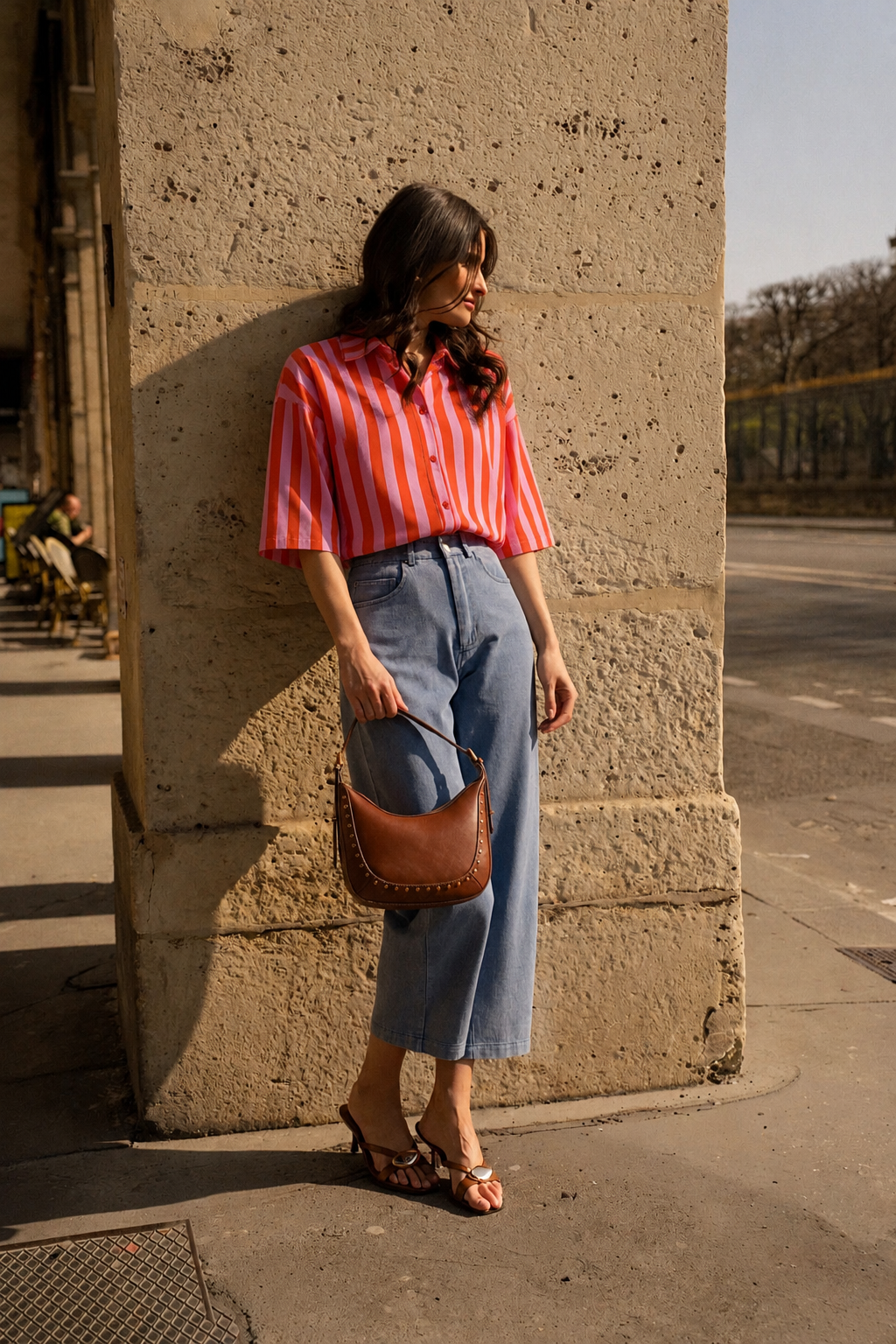 Lara orange and pink stripe bow tie shirt