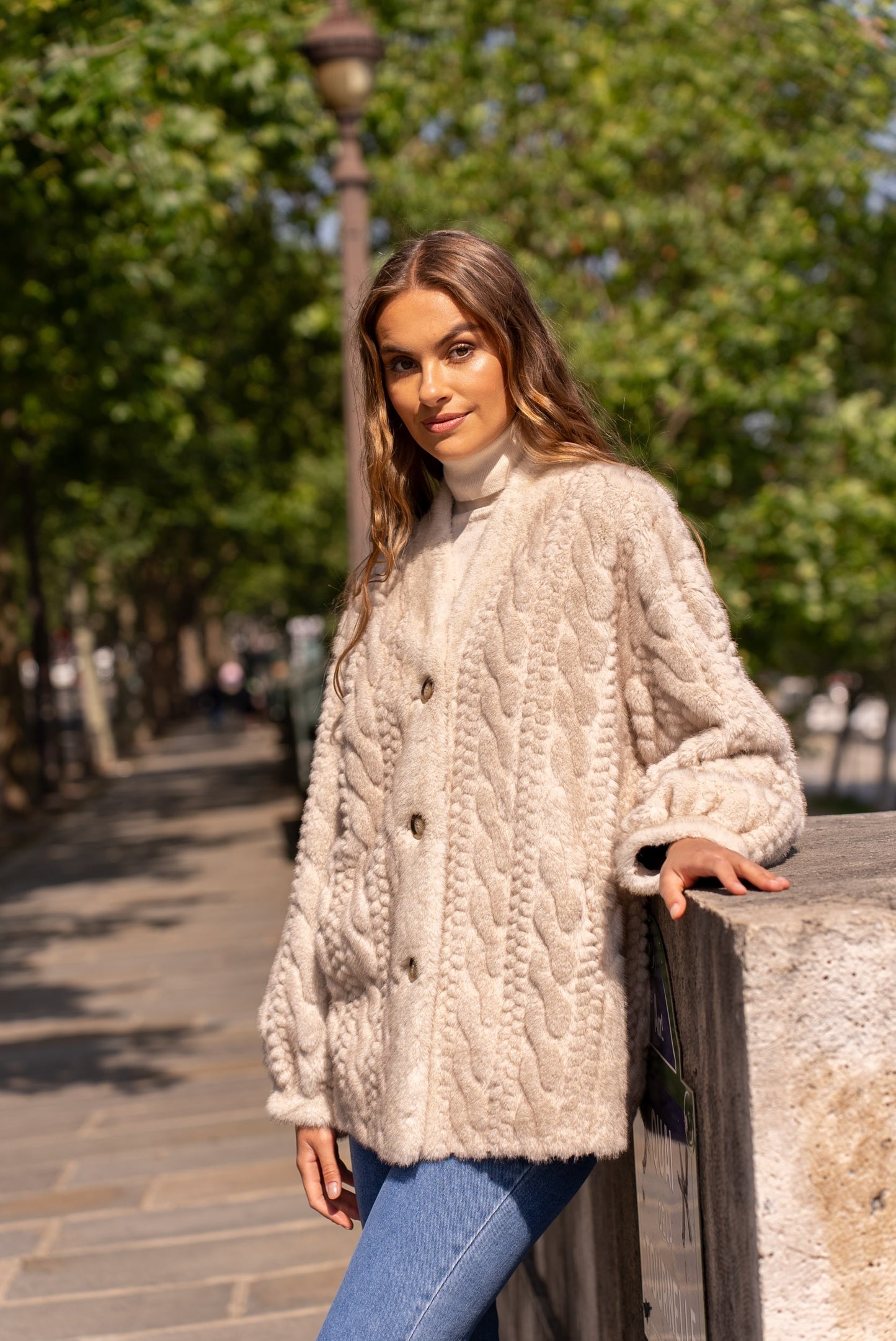 Adeline beige thick faux fur cable jacket