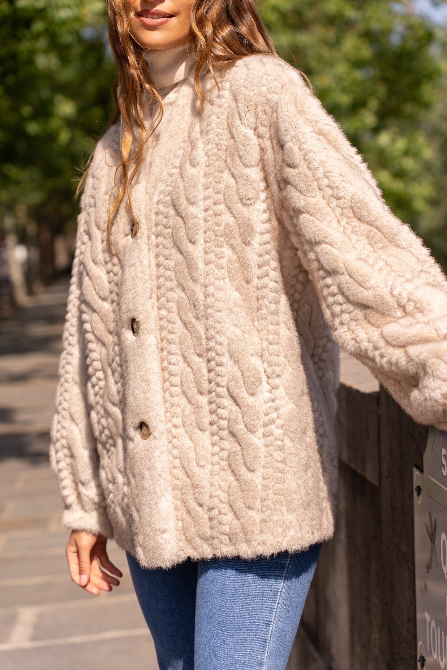 Adeline beige thick faux fur cable jacket