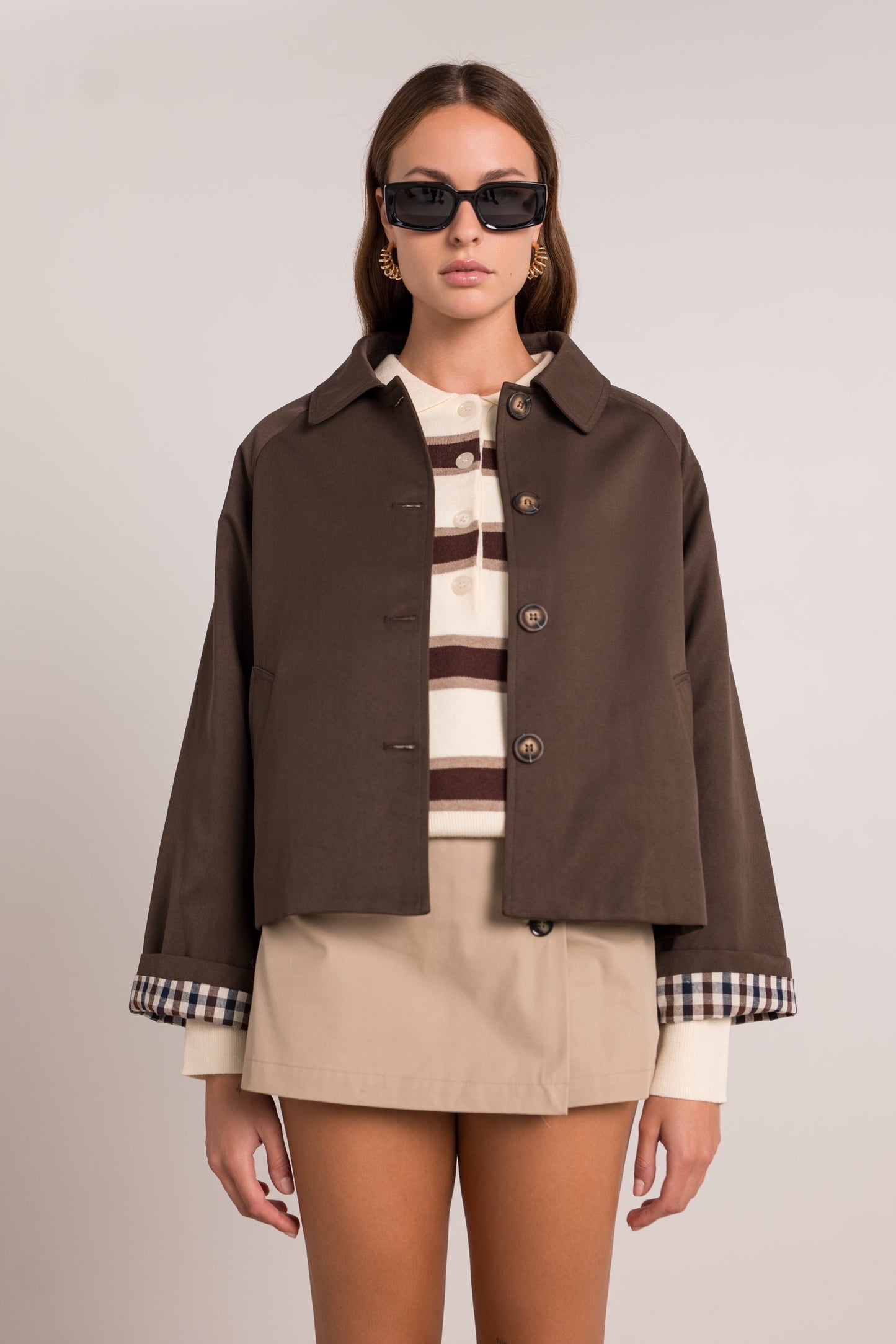 Ivy check cuff chocolate brown short trench coat