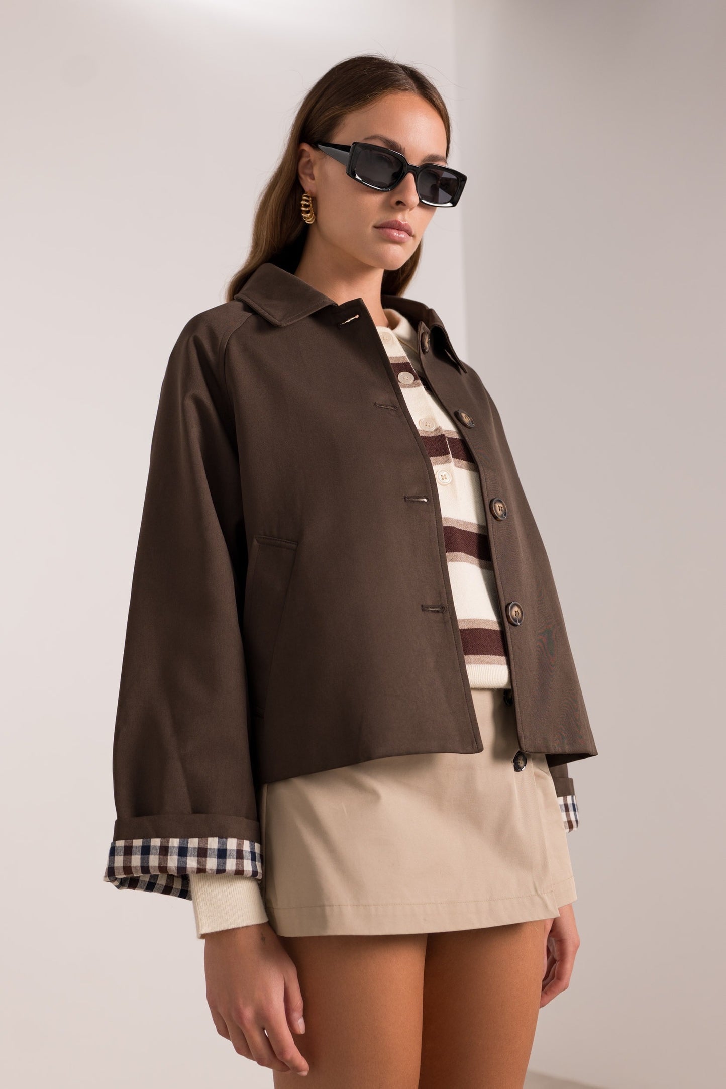 Ivy check cuff chocolate brown short trench coat