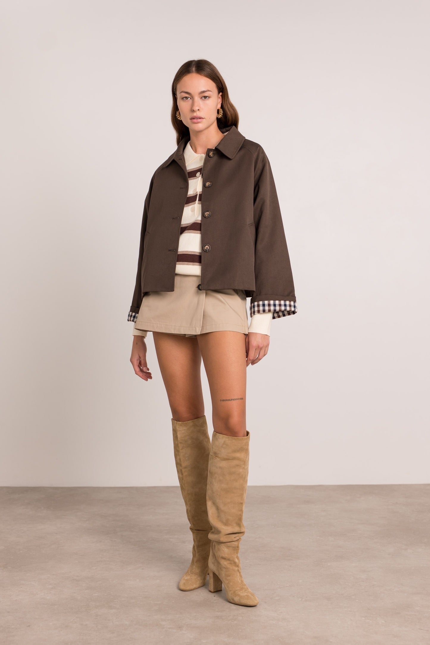 Ivy check cuff chocolate brown short trench coat
